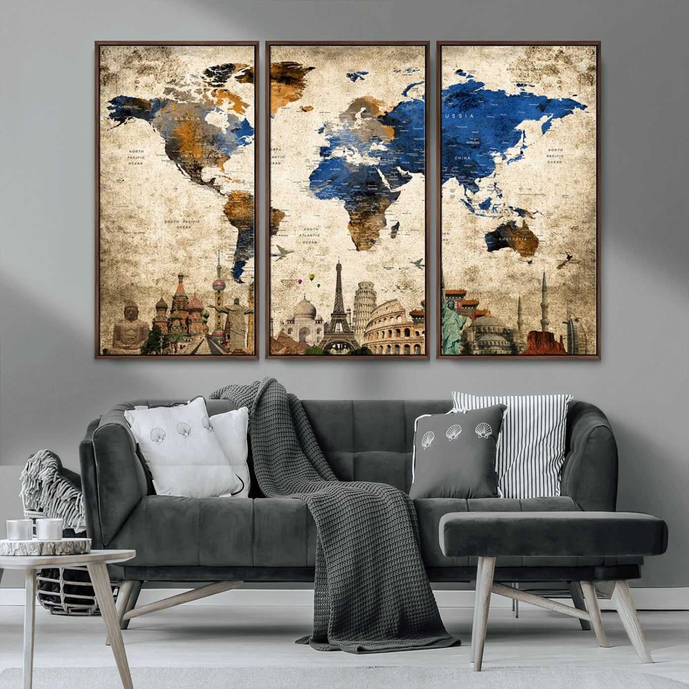 MGV-FC-48X32-3P - Push Pin World Map Canvas Print – Framed Wall Art for Couples to Track Their Travels – Anniversary