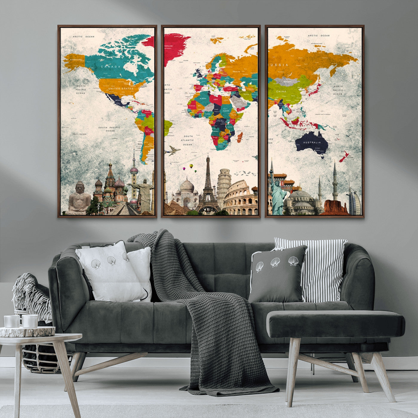 MGV-FC-48X32-3P - Push Pin World Map Canvas Print – Framed Wall Art for Couples to Track Their Travels – Anniversary