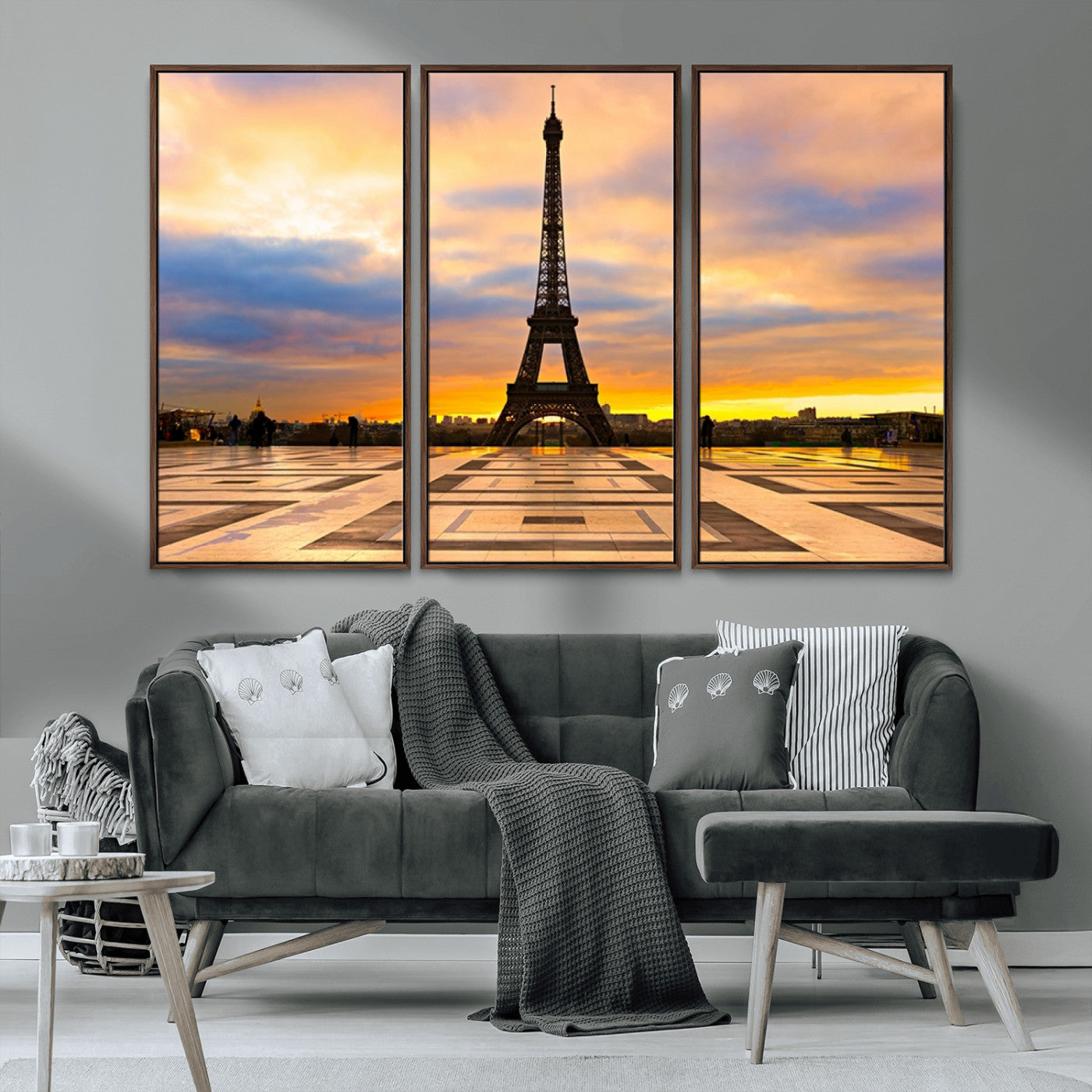 MGV-FC-48X32-3P - Paris Eiffel Tower Sunset Canvas Wall Art Print - Iconic Landmark Decor with Vibrant Colors