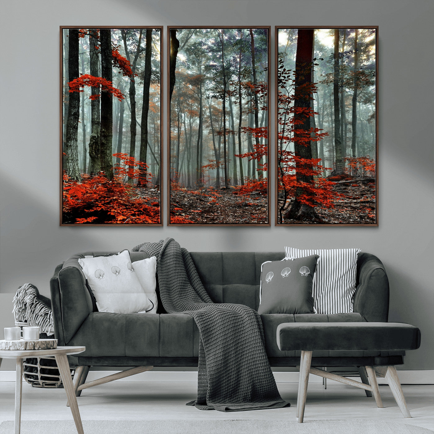 MGV-FC-48X32-3P - Autumn Forest Canvas Wall Art – Enchanting Red Leaves Triptych Print – Nature-Inspired Decor for