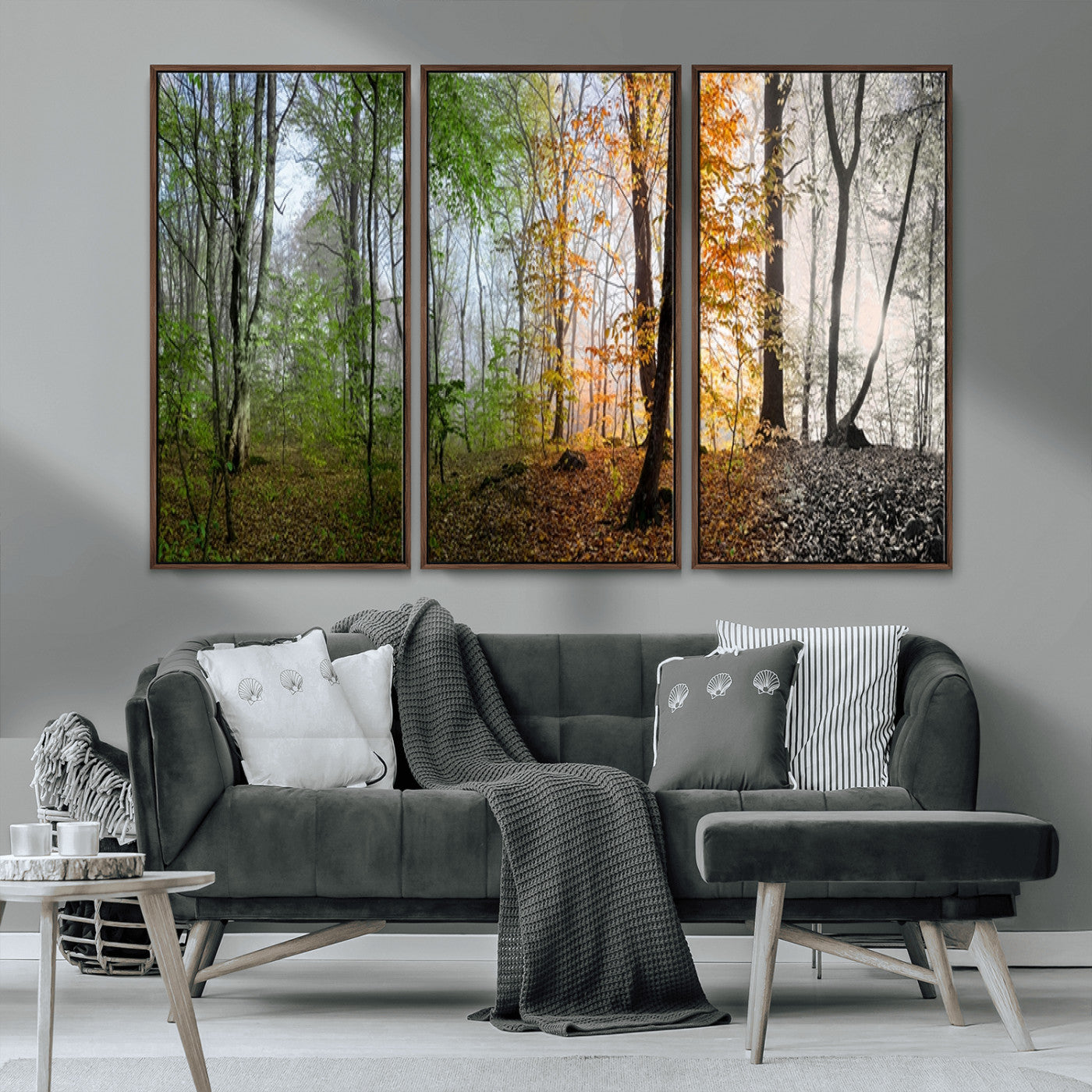 MGV-FC-48X32-3P - Four Seasons Wall Art Forest Canvas Print – Triptych Seasonal Nature Print – Landscape Decor for