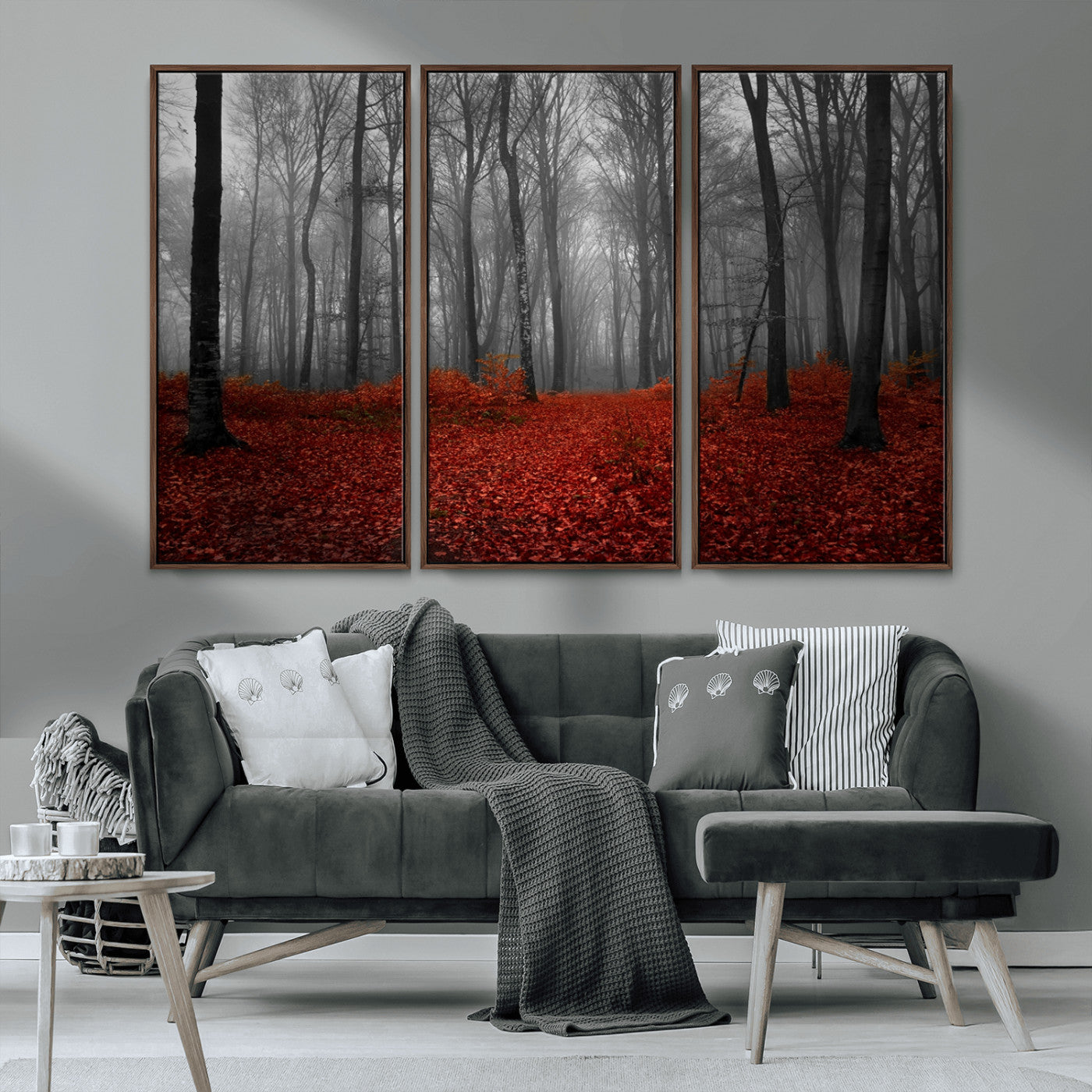 MGV-FC-48X32-3P - Red Forest Floor Canvas Wall Art – Mystical Foggy Woodland Triptych – Nature-Inspired Decor for