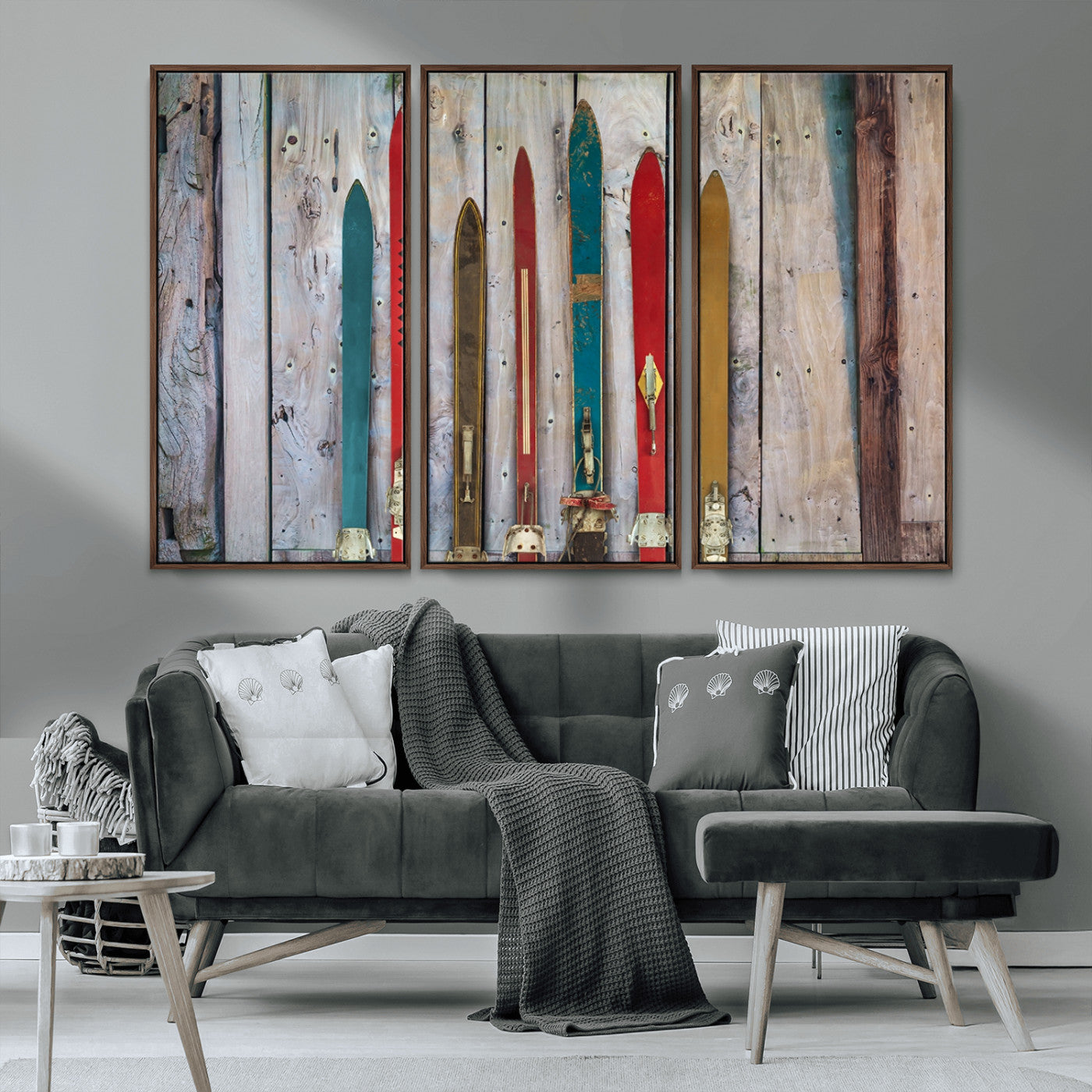 MGV-FC-48X32-3P - Vintage Wooden Weathered Ski's in Front of an Old Barn Wall Art Canvas Print for Farmhouse, Cabin