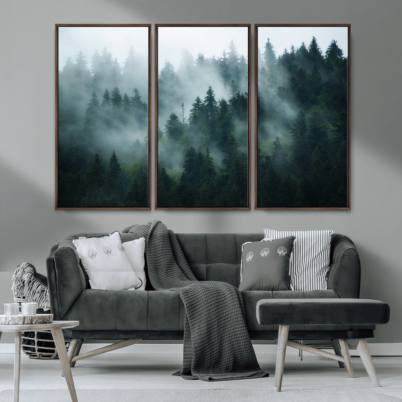 MGV-FC-48X32-3P - Foggy Forest 3-Panel Canvas Wall Art | Large Giclée Nature Scene Print for Living Room, Office, or