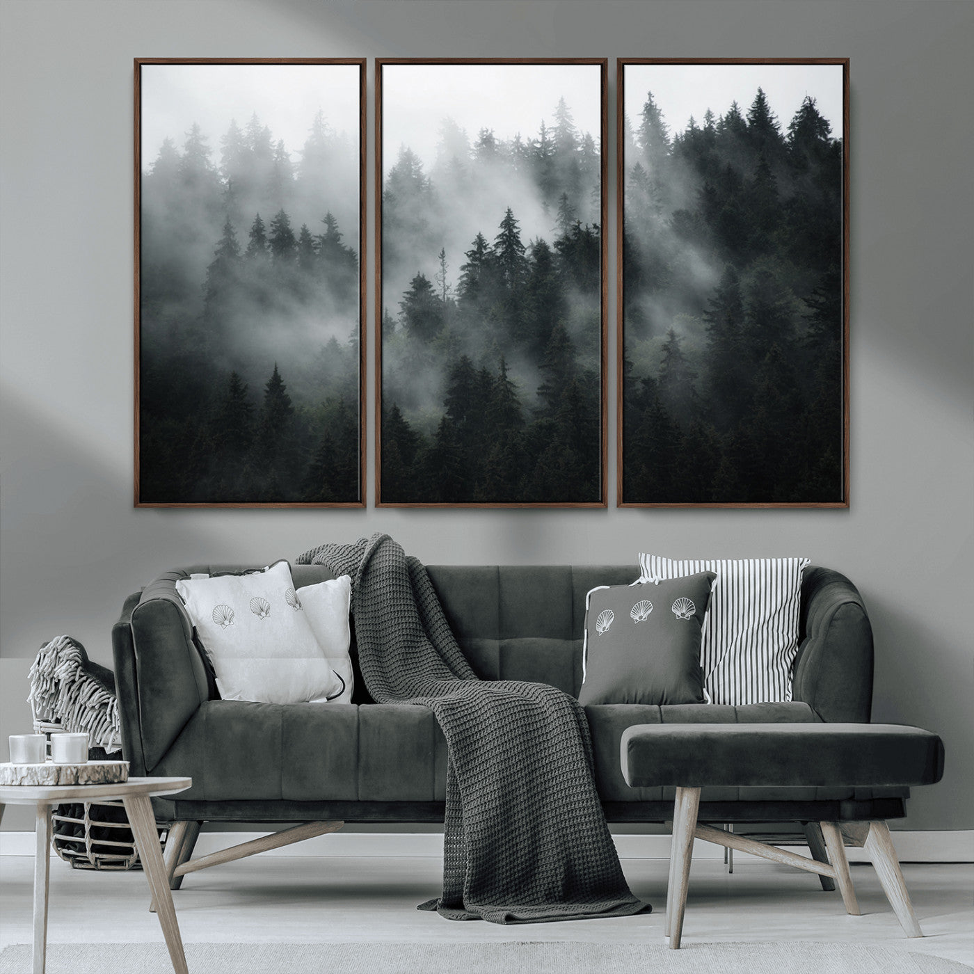 MGV-FC-48X32-3P - Foggy Forest Wall Art Canvas Print | 3 Panel Large Misty Landscape for Dining Room, Office, or