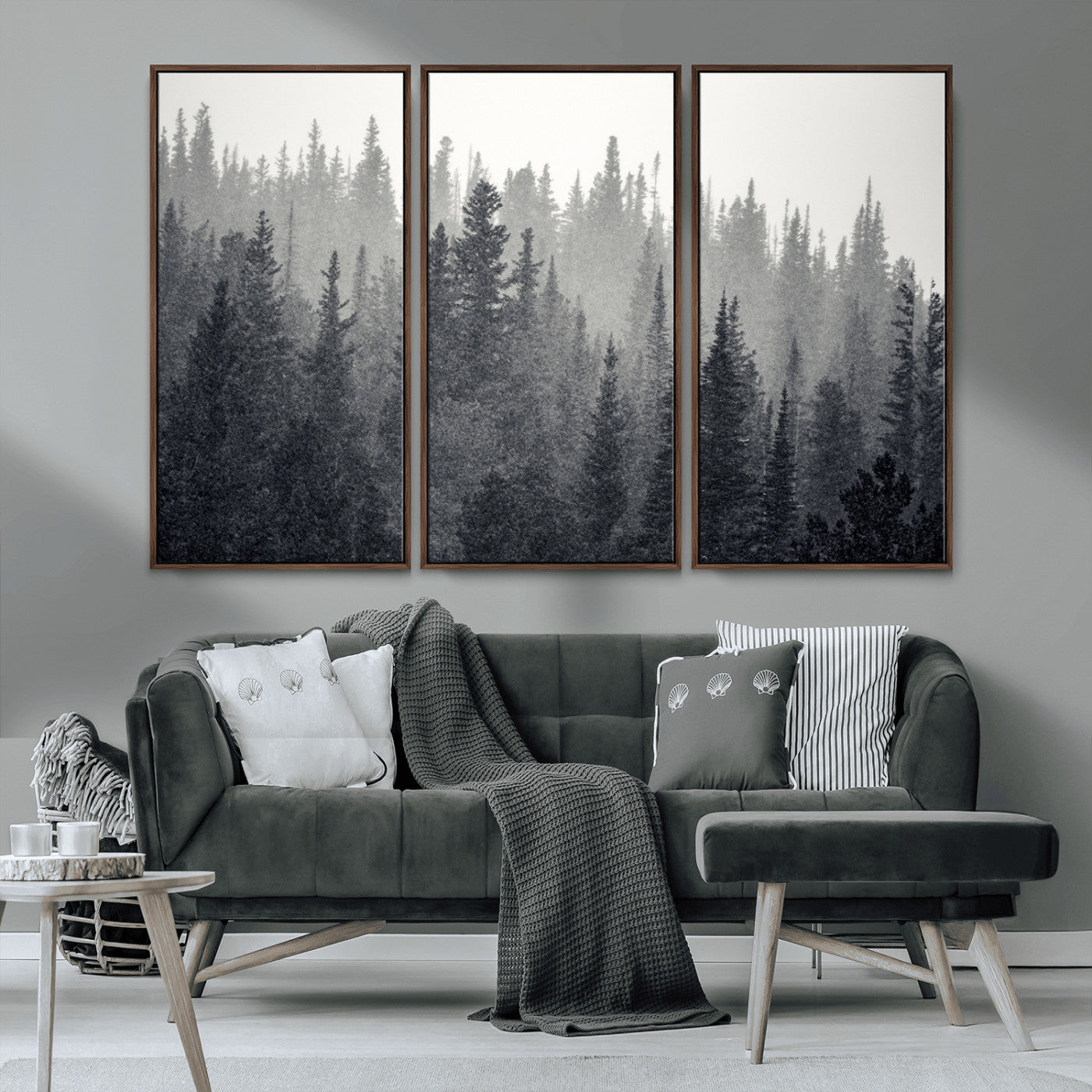 MGV-FC-48X32-3P - Misty Forest Canvas Wall Art – Monochrome Triptych Pine Tree Print – Nature-Inspired Home Decor –