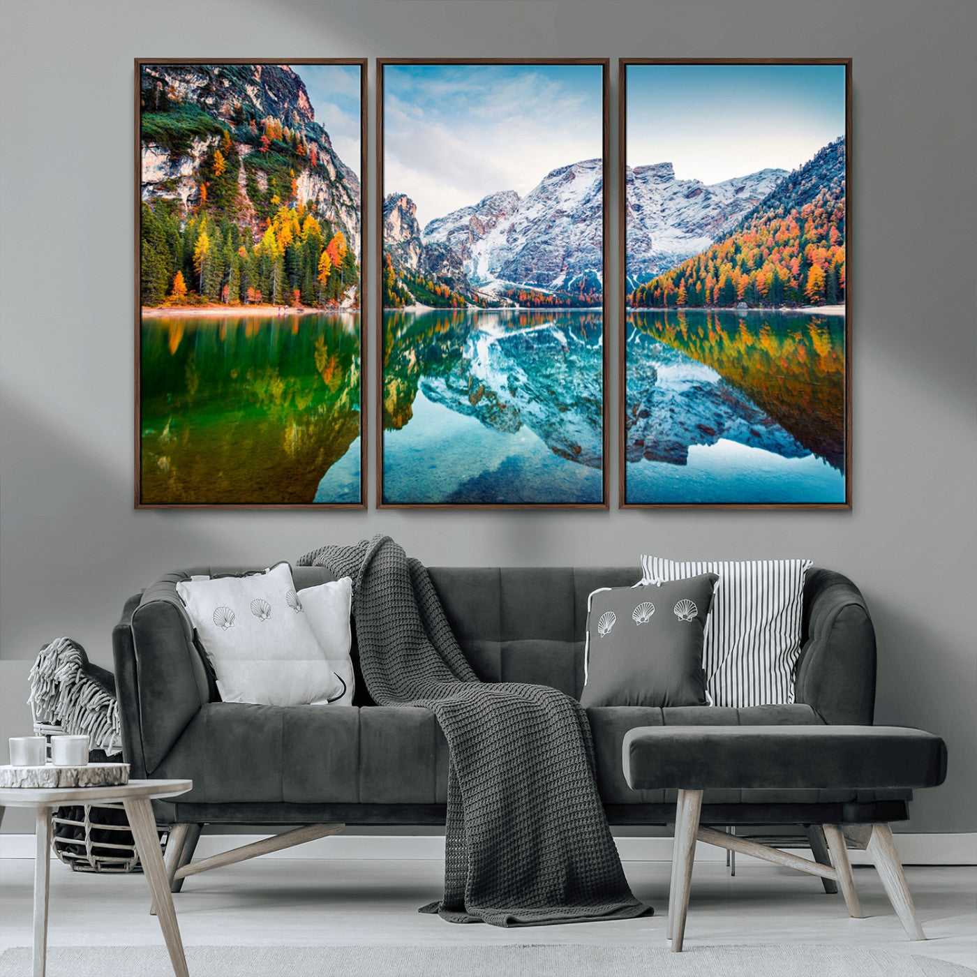 MGV-FC-48X32-3P - Spectacular autumn view of Braies Lake Wall Art Canvas Print