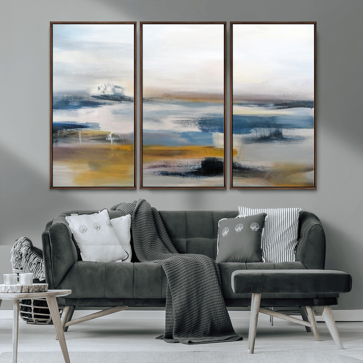 MGV-FC-48X32-3P - Abstract Landscape Wall Art Canvas | 3 Panel Modern Blue, Gold, and White Canvas Art for Living