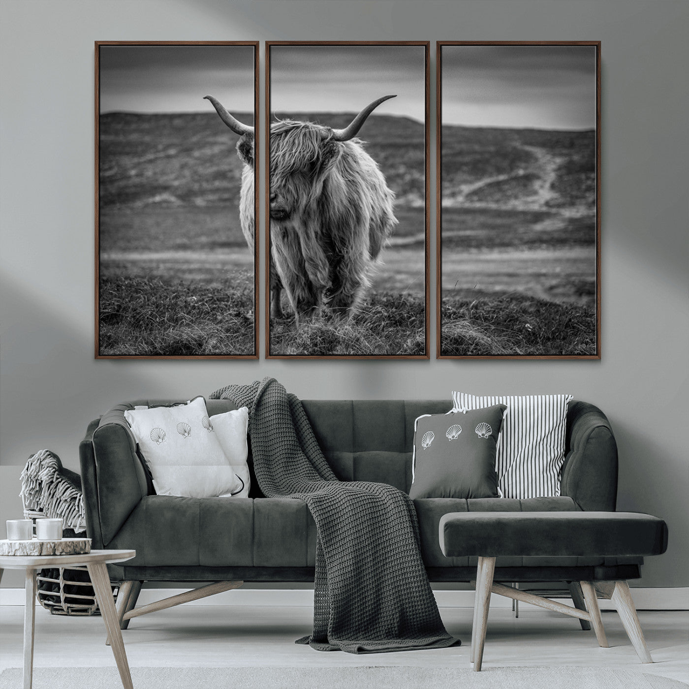 MGV-FC-48X32-3P - Fluffy Cattle Wall Art Print, Highland Cow Canvas, Framed Black and white Wall Art