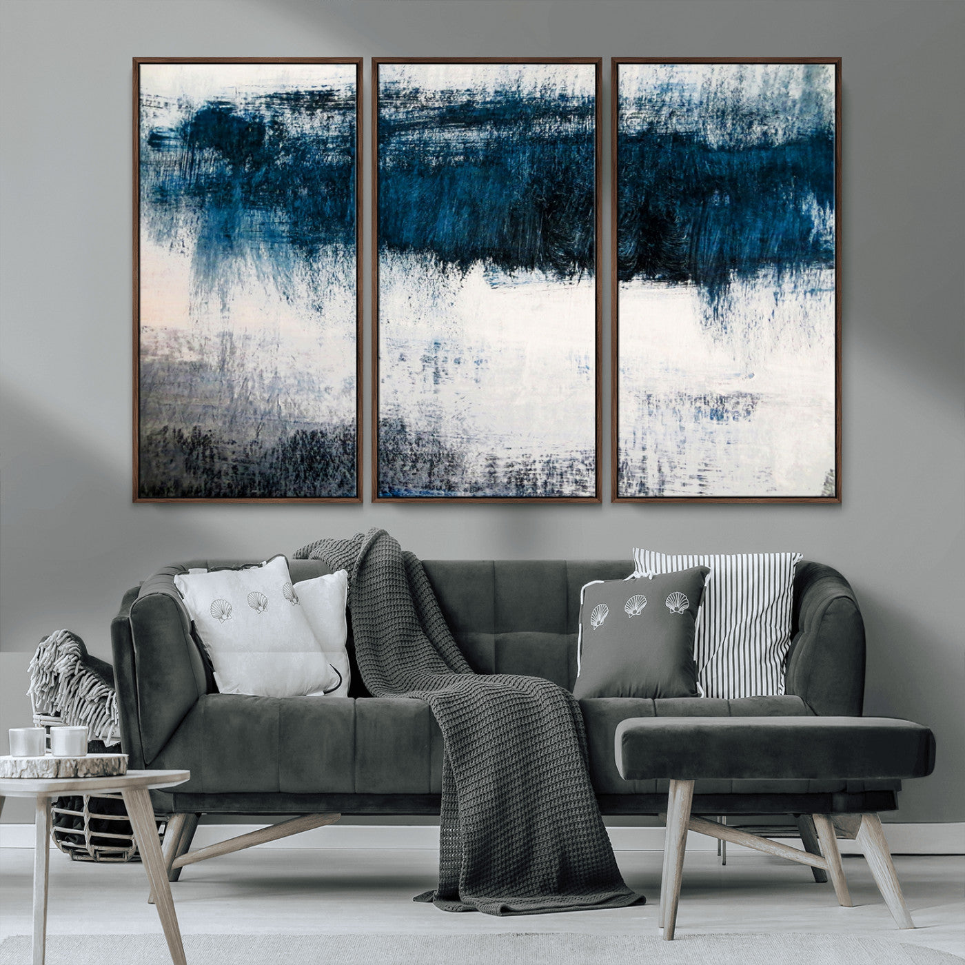 MGV-FC-48X32-3P - Abstract Blue and White Canvas Art | Large Wall Art for Modern Living Room Decor | Minimalist