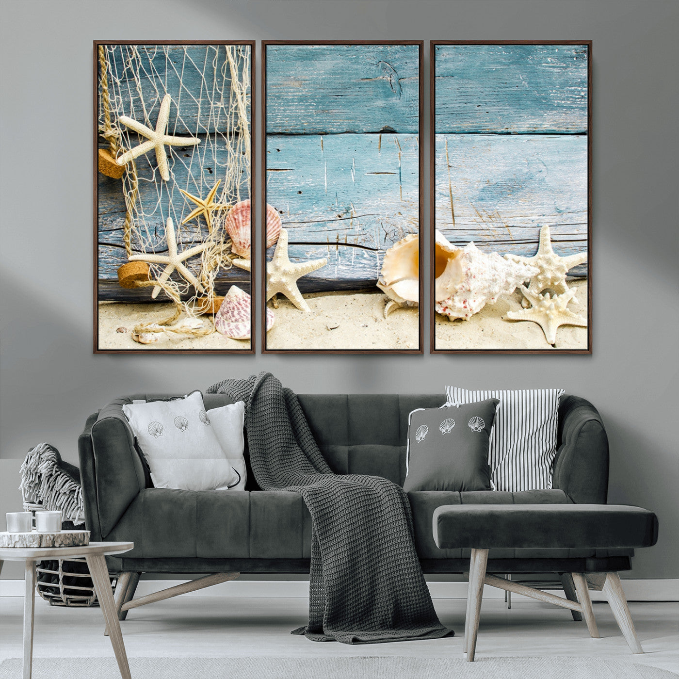 MGV-FC-48X32-3P - Seashells on Rustic Wooden Background, Seashells Wall Art Canvas Print