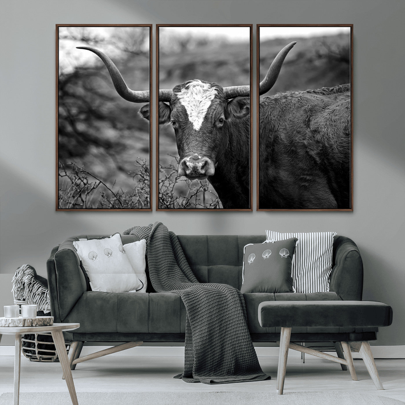 MGV-FC-48X32-3P - Western Home Wall Art Canvas Print, Framed Texas Longhorn Art Picture Print, Rustic Cow Perfect Rustic Farmhouse Decor Artwork