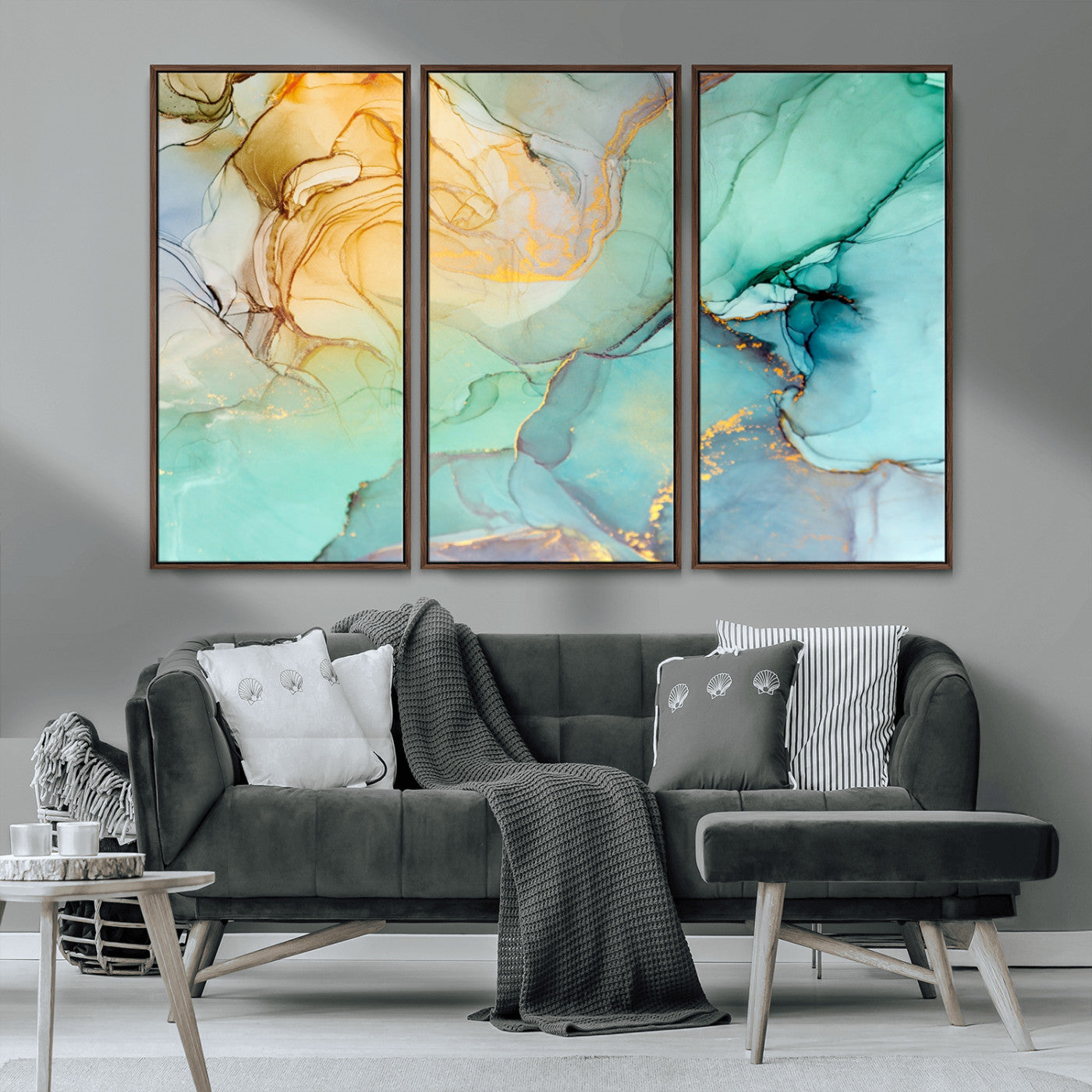 MGV-FC-48X32-3P - Abstract Aqua and Gold Fluid Wall Art Canvas | 3 Panel Large Canvas Print for Living Room, Office,