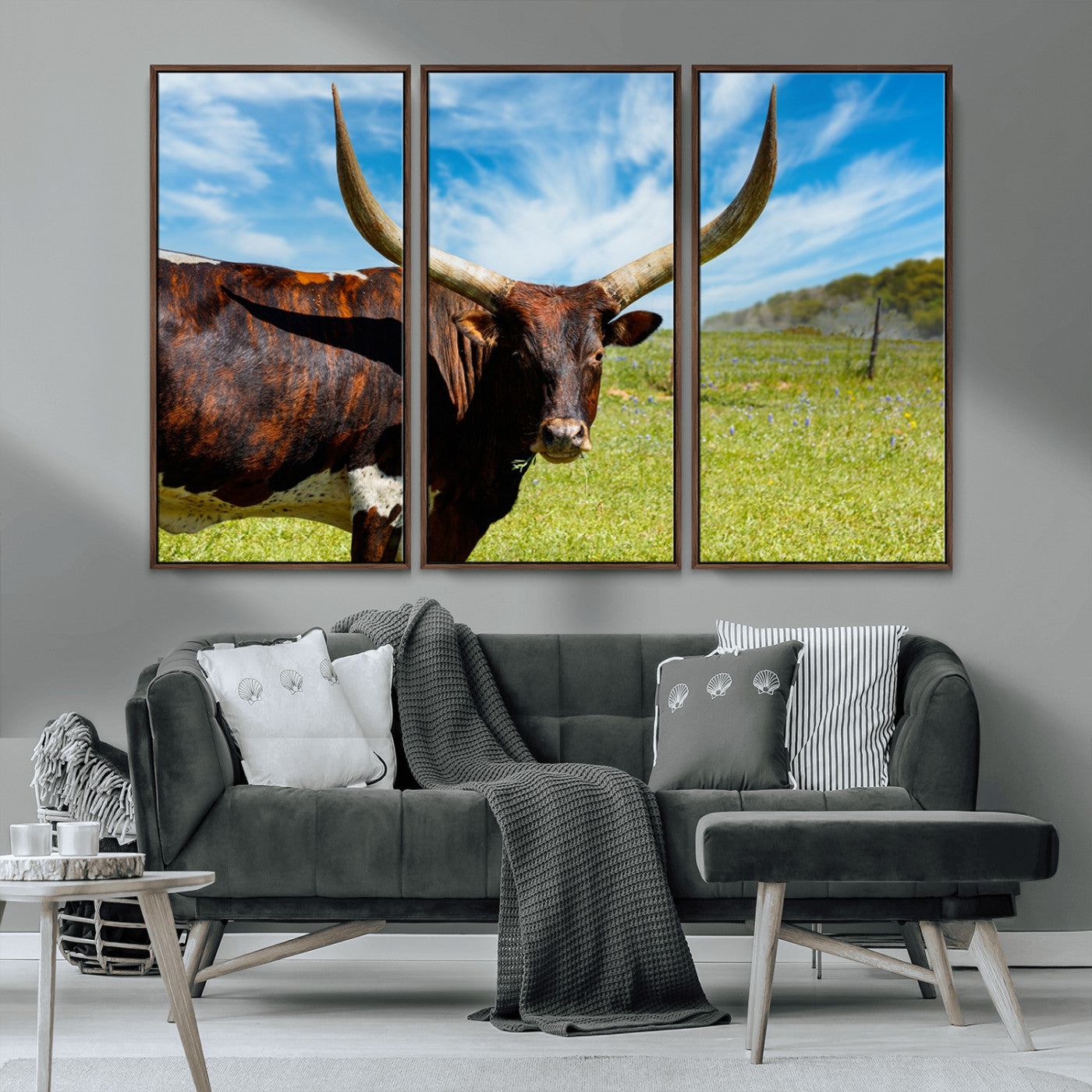 MGV-FC-48X32-3P - Longhorn and Cow Wall Art, Country Cow Wall Decor Canvas Print