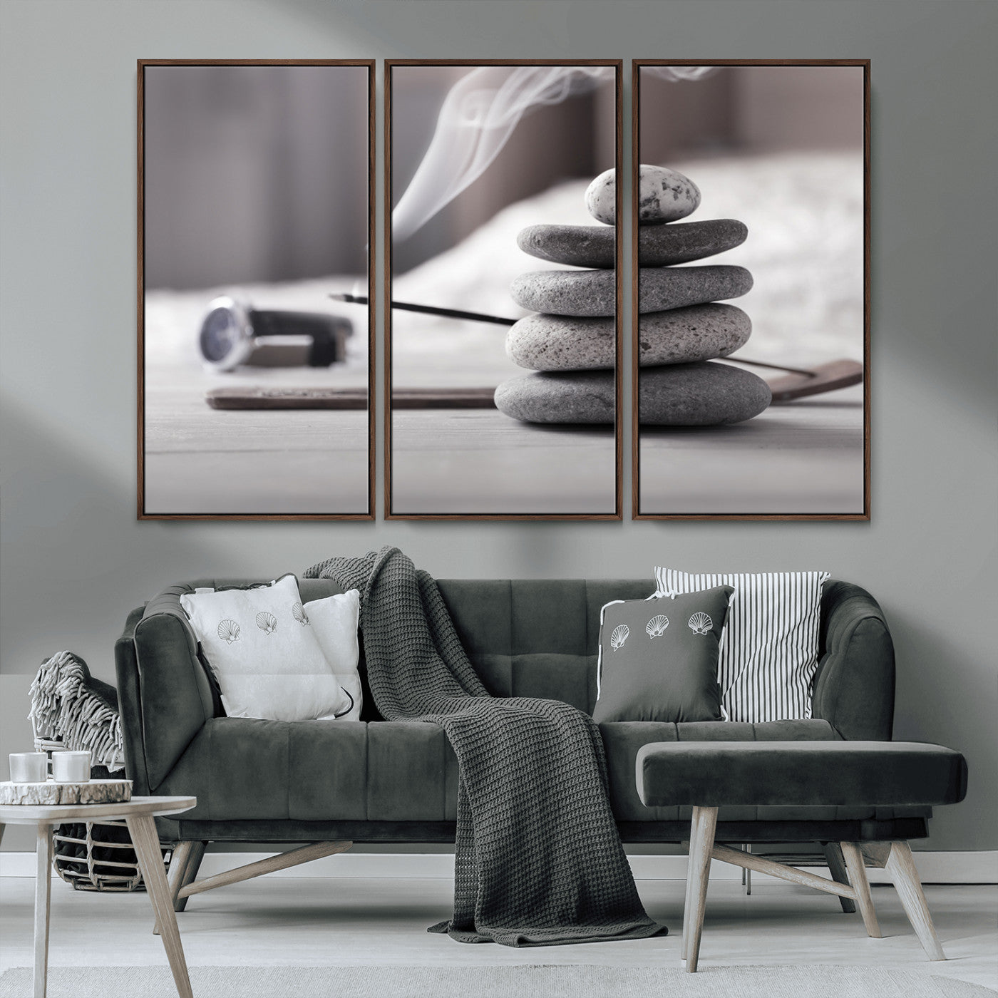 MGV-FC-48X32-3P - Burning Incense and Zen Stones Buddhism Wall Art, Zen Stones Wall Art Canvas Print
