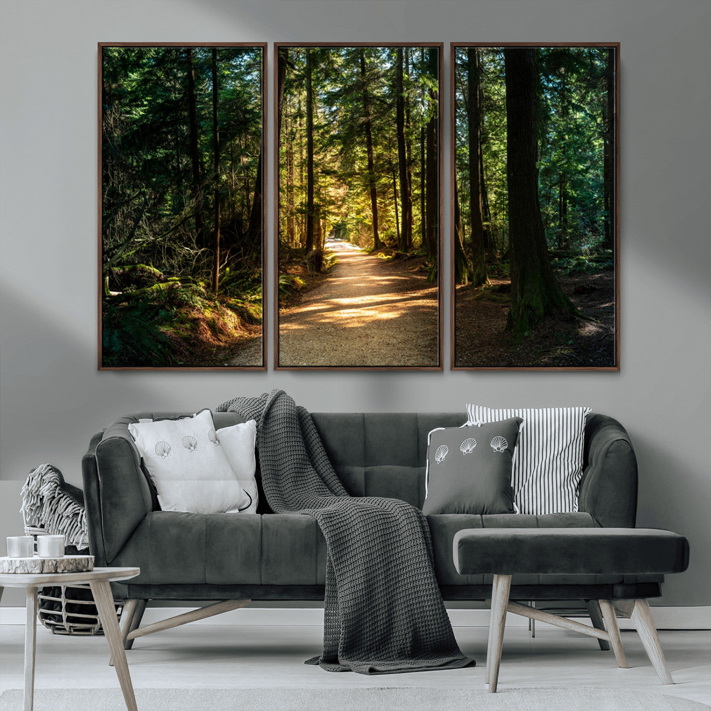 MGV-FC-48X32-3P - Sunlit Forest Pathway Canvas Print | 3 Panel Large Nature Wall Art for Living Room, Office, or