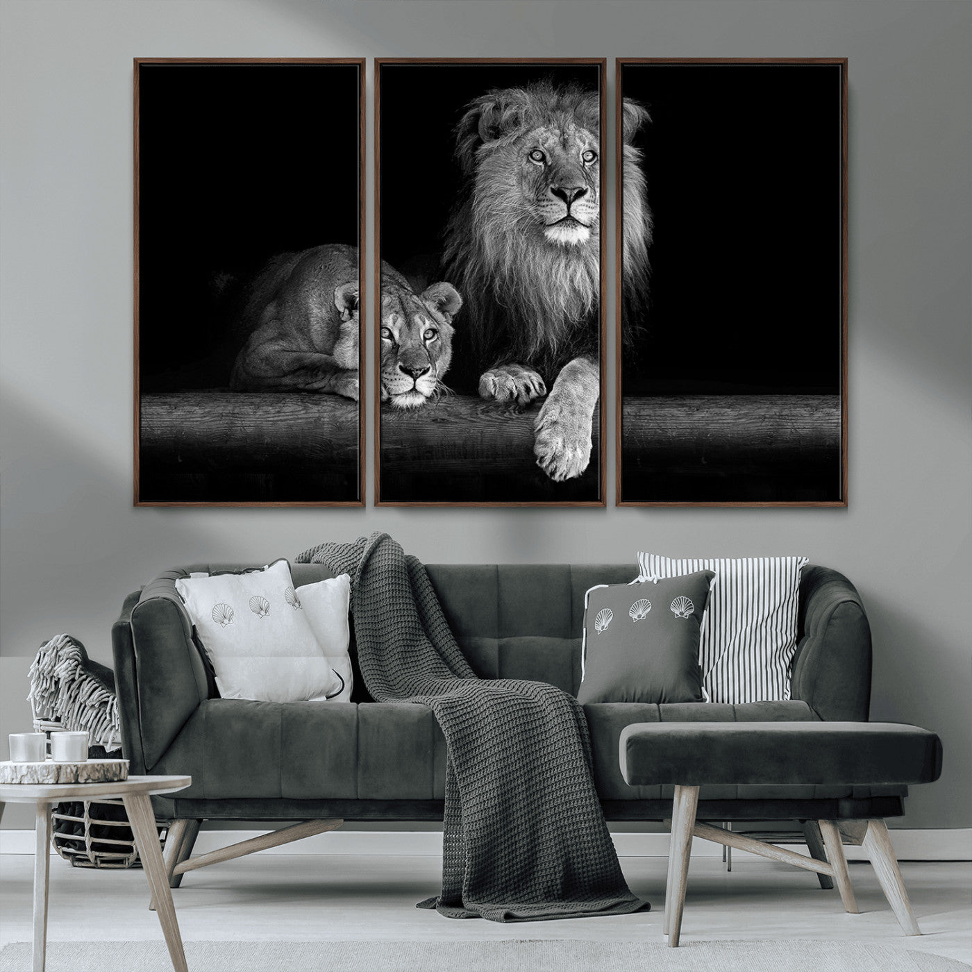 MGV-FC-48X32-3P - Large Black and White Lion Couple Wall Art Canvas Print