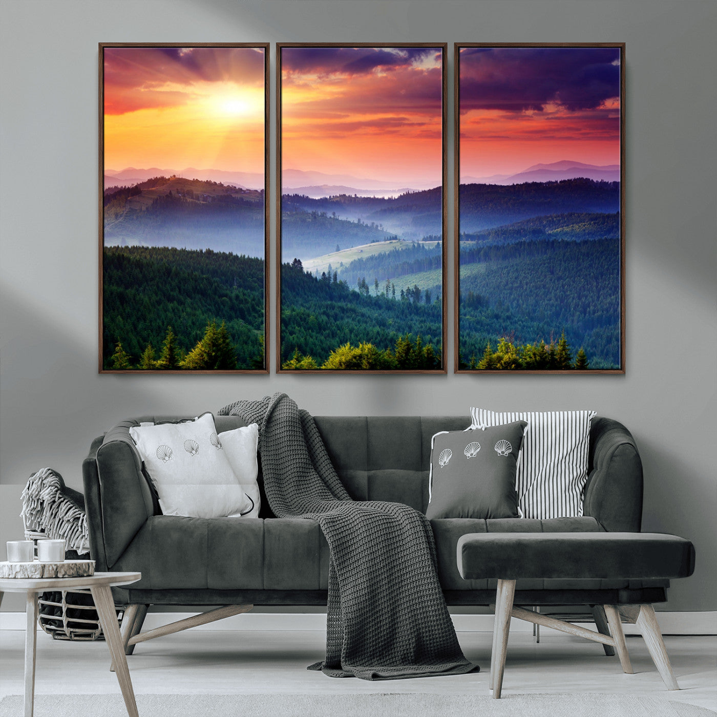 MGV-FC-48X32-3P - Beautiful Sunset over Hills Forest Landscape Canvas Wall Art Print