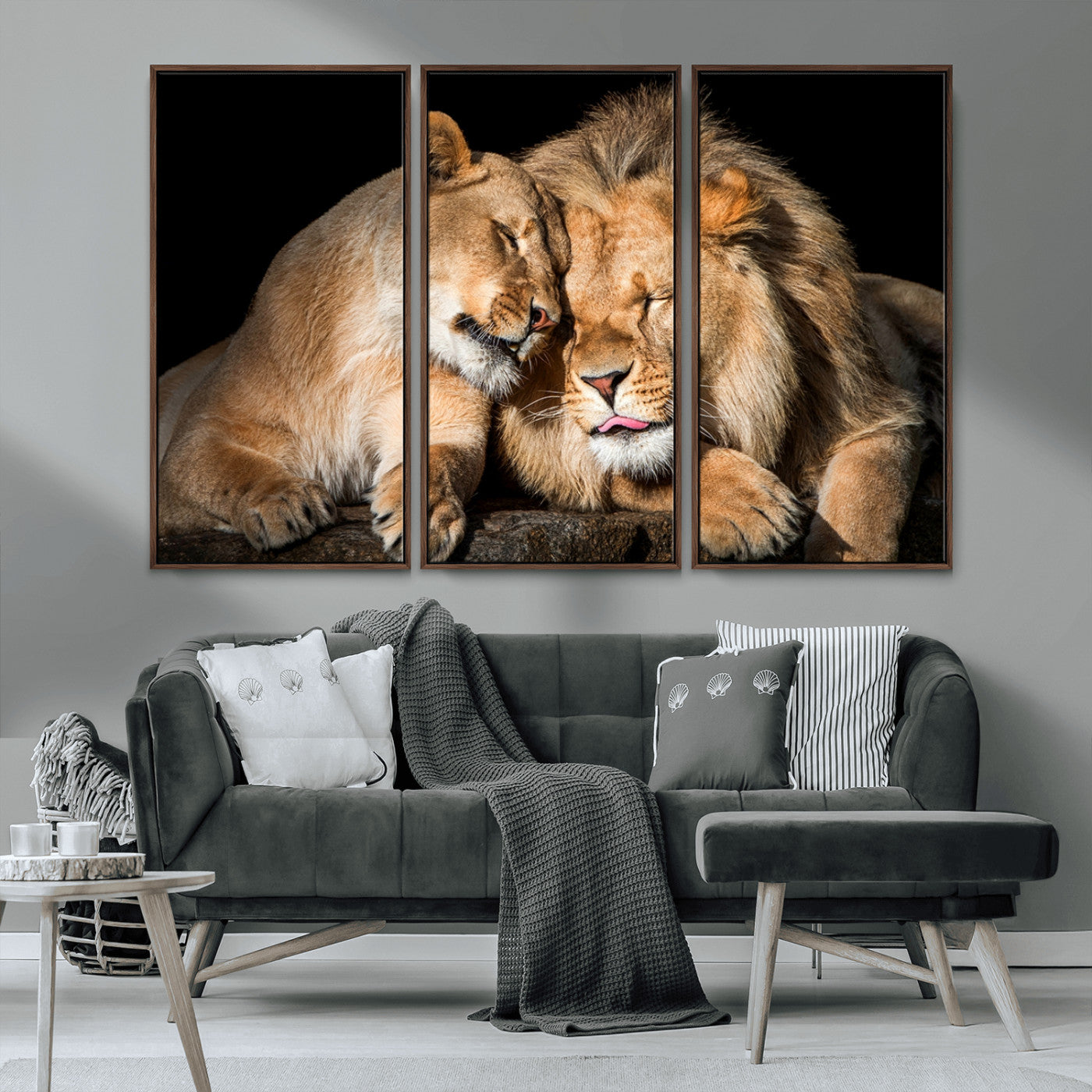 MGV-FC-48X32-3P - Lion and Lioness Wall Art Print Canvas | 3-Panel African Wildlife Canvas Print | Animal-Themed Art