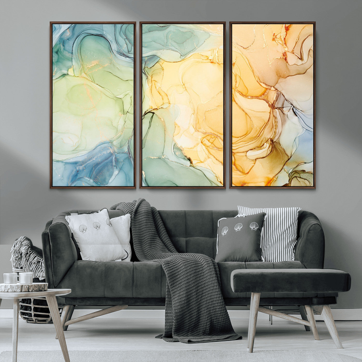 -Green and Yellow Marble Fluid Effect Wall Art, Green and Yellow Marble Canvas Wall Art Print