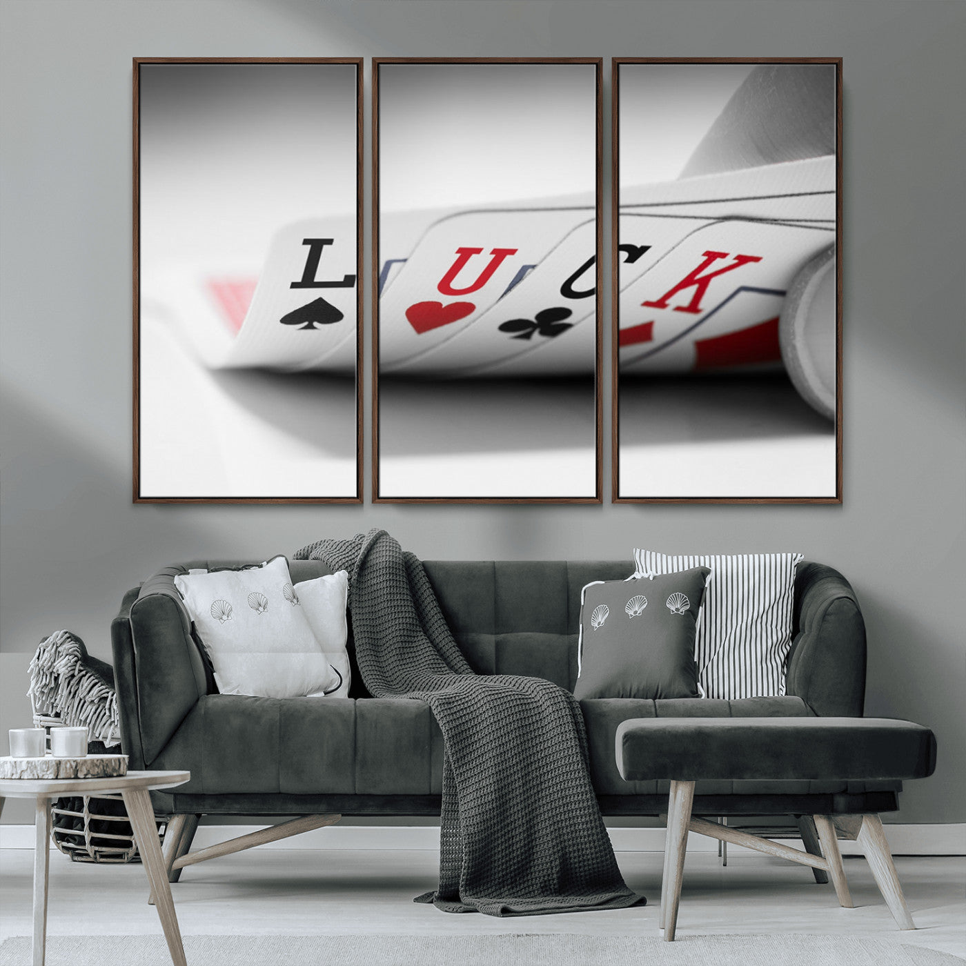MGV-FC-48X32-3P - Framed Luck Poker Cards Canvas – Modern Triptych Wall Art, Ready to Hang for Game Rooms