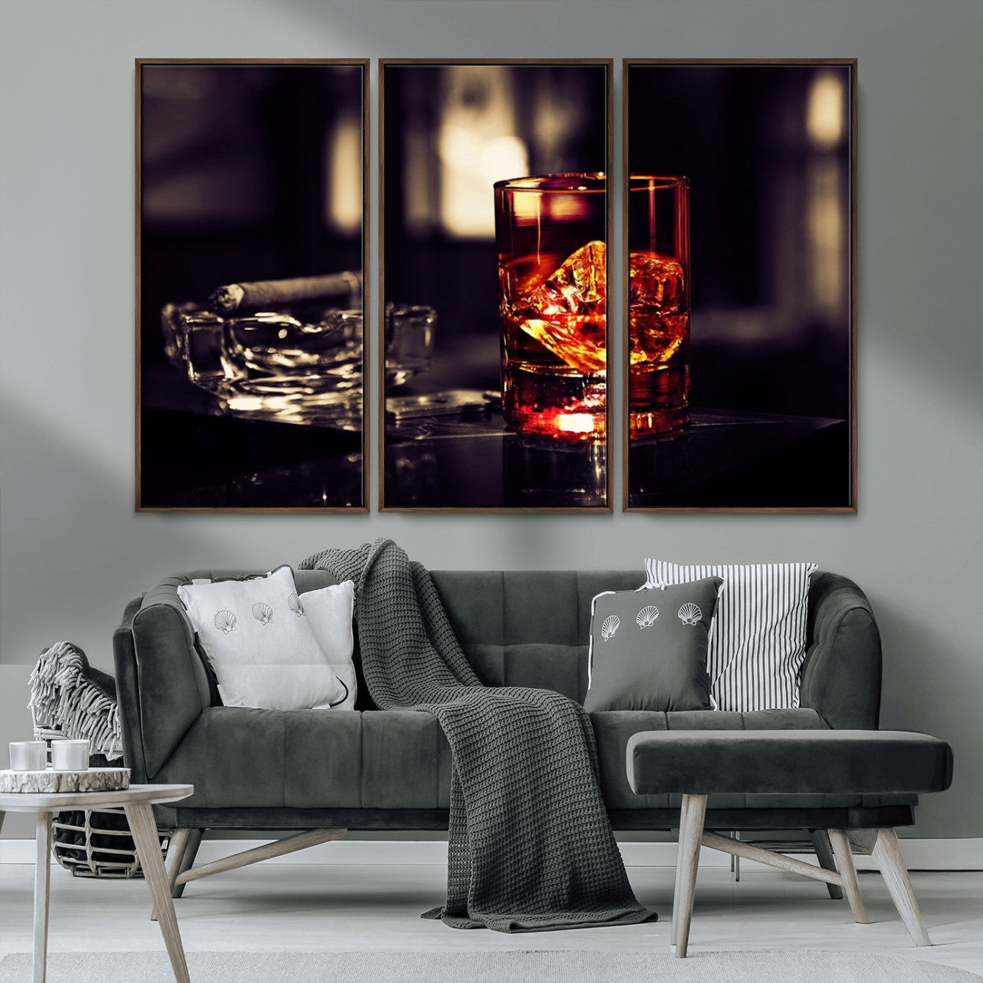 MGV-FC-48X32-3P - Whiskey and Cigar Canvas – Luxurious Wall Art for Home or Bar – Glass and Cigar Scene Print Canvas