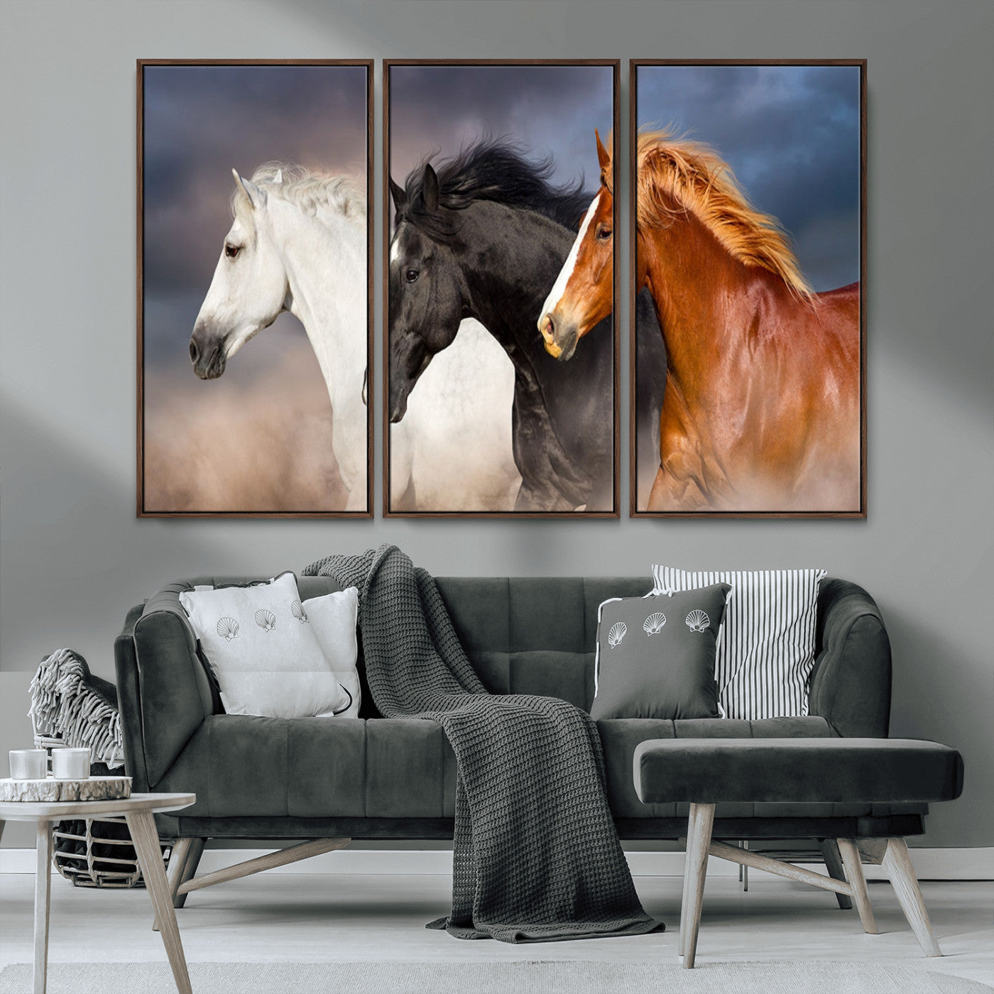 MGV-FC-48X32-3P - Animal Wall Art Three Horses Farmhouse Art Canvas, Framed Three Horses Canvas Print