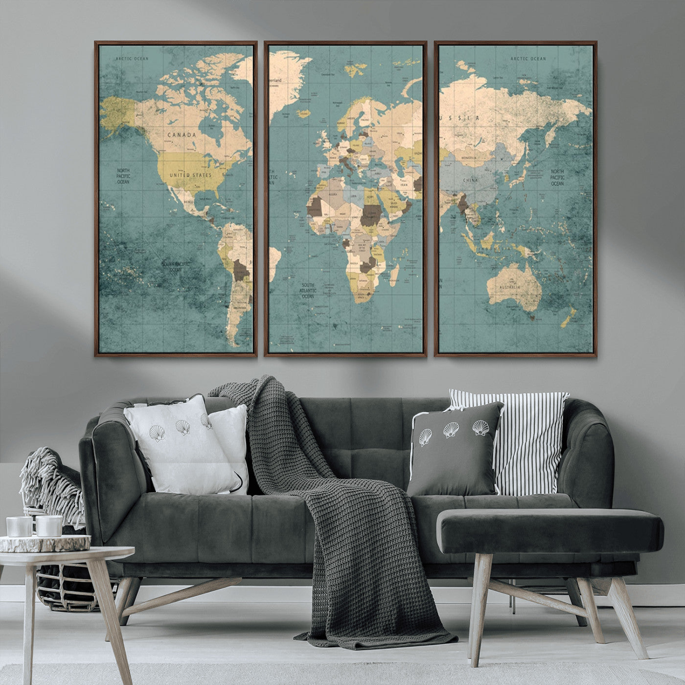 MGV-FC-48X32-3P - Classic World Map Wall Art Canvas Print, Framed Retro Map Art Picture Print, Vintage Atlas Perfect Rustic Explorer Decor Artwork