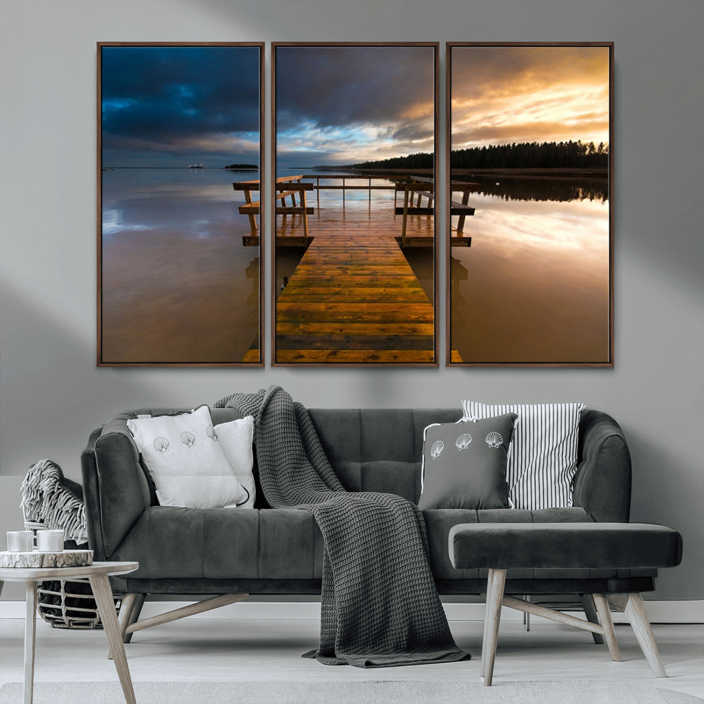MGV-FC-48X32-3P - Serene Lake Pier at Sunset Canvas Print | Landscape Canvas Print | Ready to Hang and Framed Wall Art