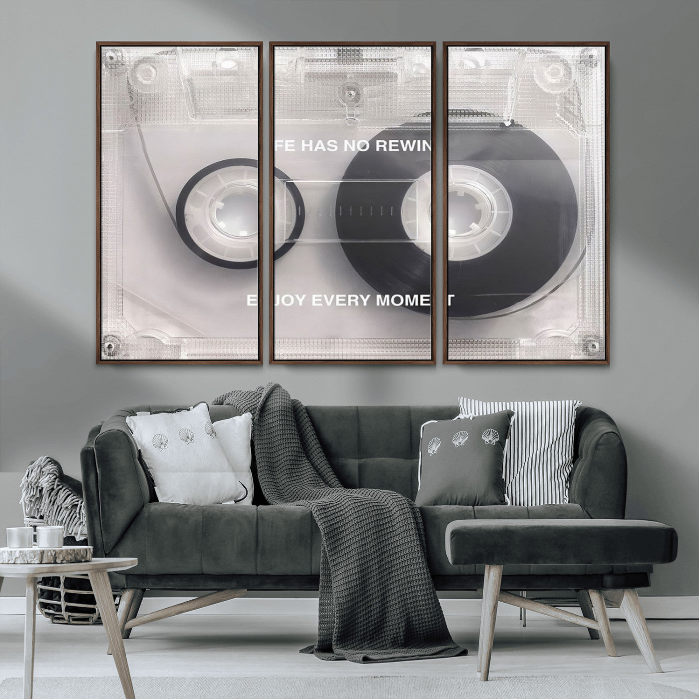 MGV-FC-48X32-3P - Vintage Cassette Tape Canvas Wall Art - Inspirational 'Life Has No Rewind' Quote, Retro Music Decor