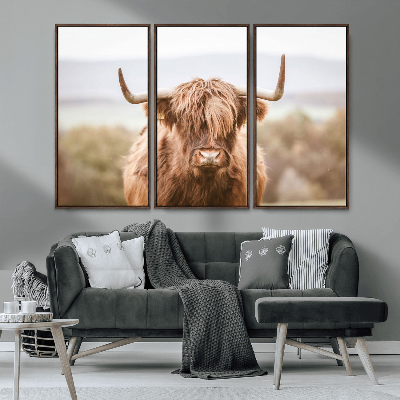 MGV-FC-48X32-3P - Scottish Serene Highland Cow Canvas Wall Art – Serene Highland Cow in Natural Pastel Tones – Ready