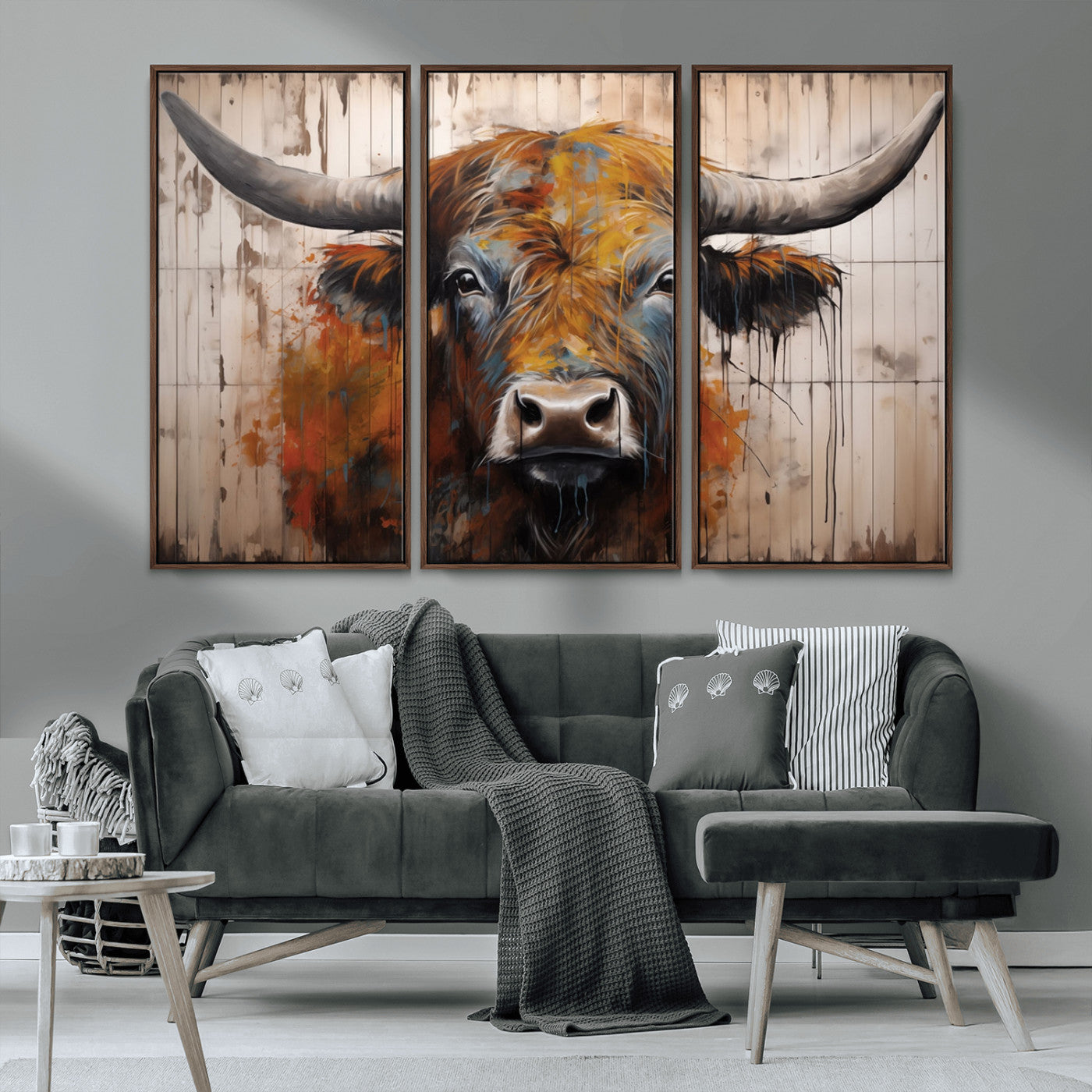 MGV-FC-48X32-3P - Abstract Bull Highland Cow Canvas Wall Art Print – Vibrant Rustic Charm in Modern Farmhouse Decor –