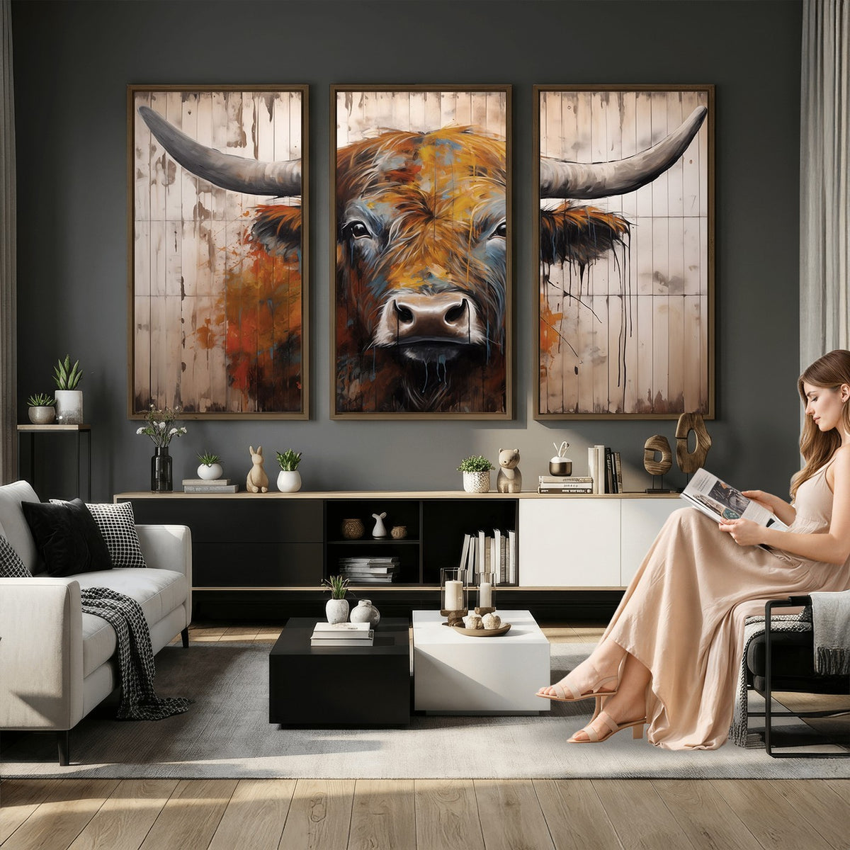 47284-MGV-CV-24X16 - Abstract Bull Highland Cow Canvas Wall Art Print