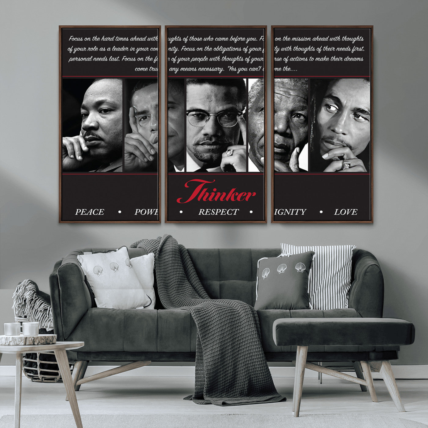 MGV-FC-48X32-3P - Thinker Quintet Canvas Wall Art – Martin, Obama, Malcolm X, Mandela, Marley Featuring Peace, Power,
