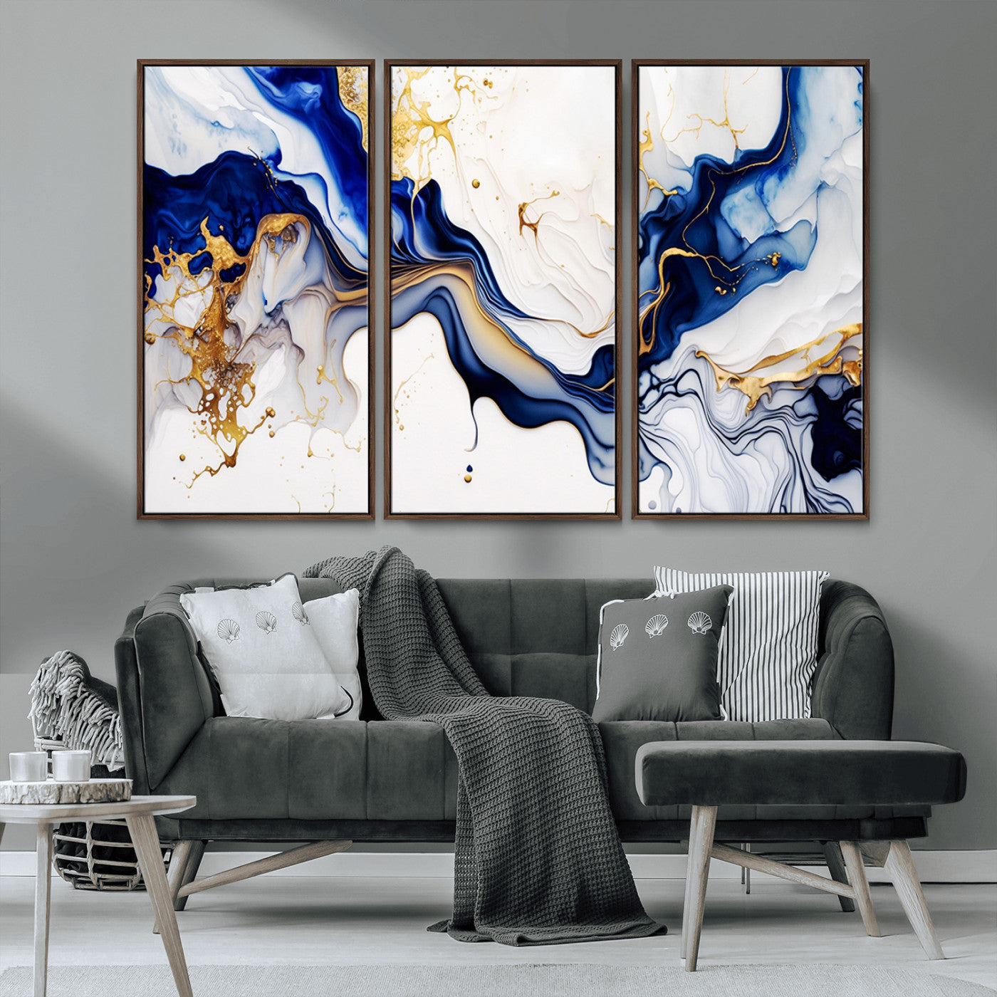 MGV-FC-48X32-3P - Golden Cascades on Midnight Blue – Deep Blue Abstract Wall Art Flowing Elegance | Wall Art Canvas,