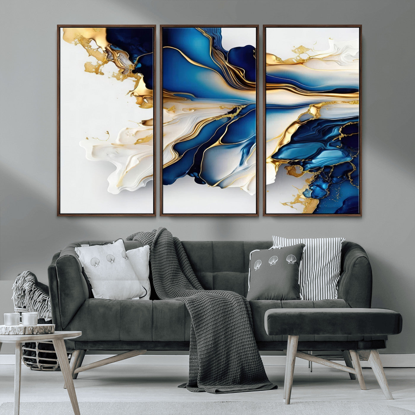 MGV-FC-48X32-3P - Gold Marble Art - Abstract Geode Gold And Blue Marble Shape 3 Pieces Wall Art Canvas Print
