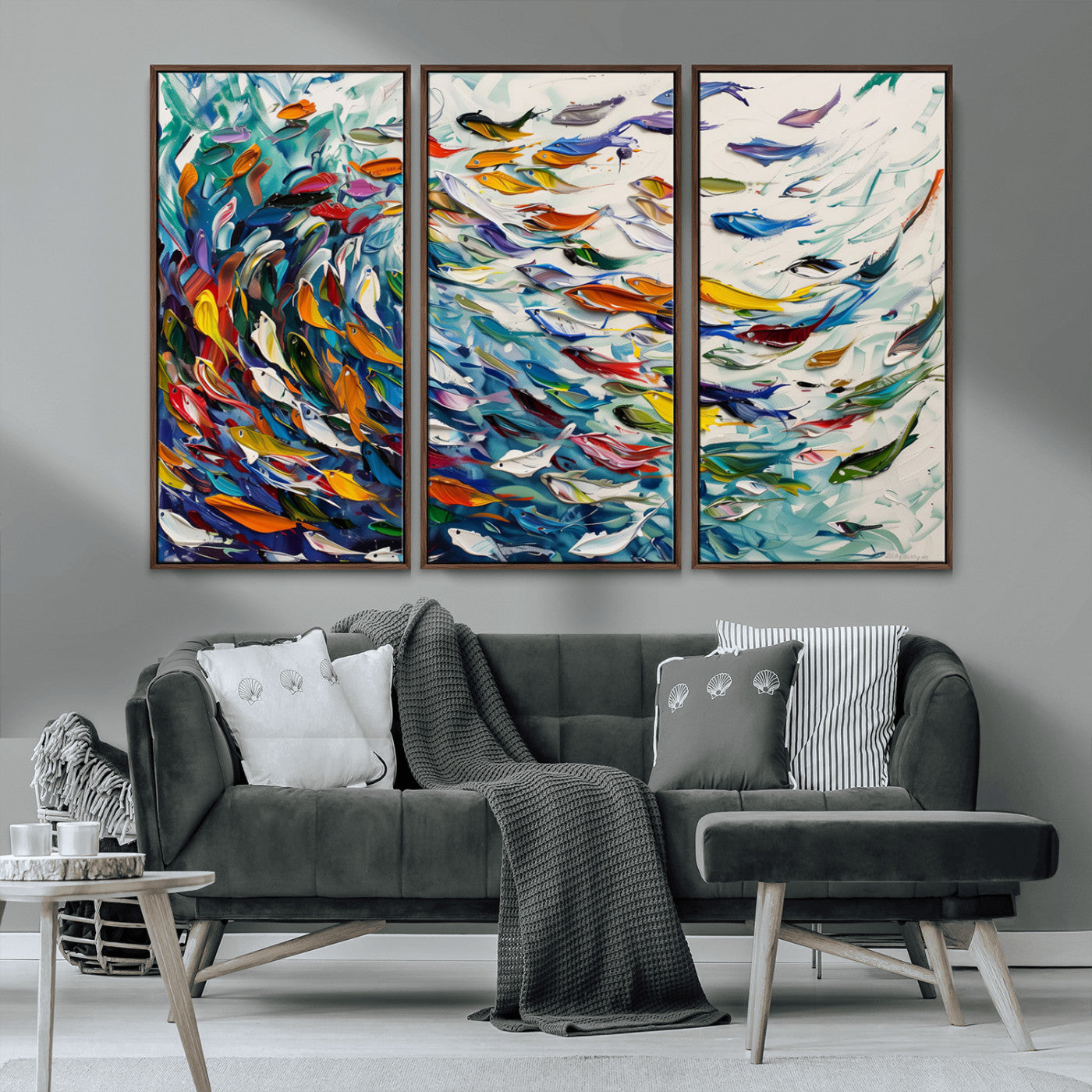 MGV-FC-48X32-3P - Modern Abstract Fish Shoal Wall Art Canvas Print, Colorful Fish Herd Painting on Canvas Print, Ocean