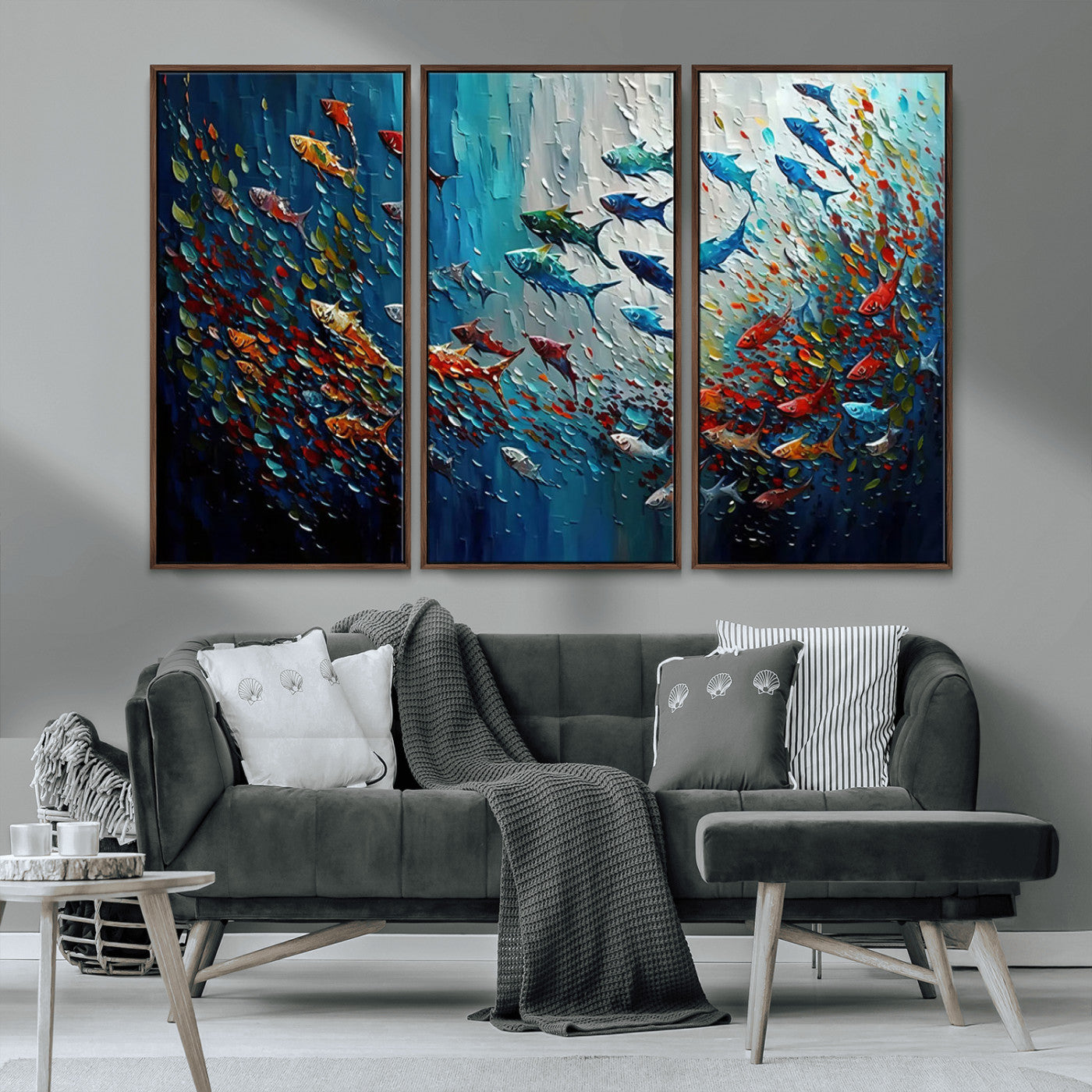 MGV-FC-48X32-3P - Modern Abstract Fish Shoal Wall Art Canvas Print, Colorful Fish Herd Painting on Canvas Print, Ocean