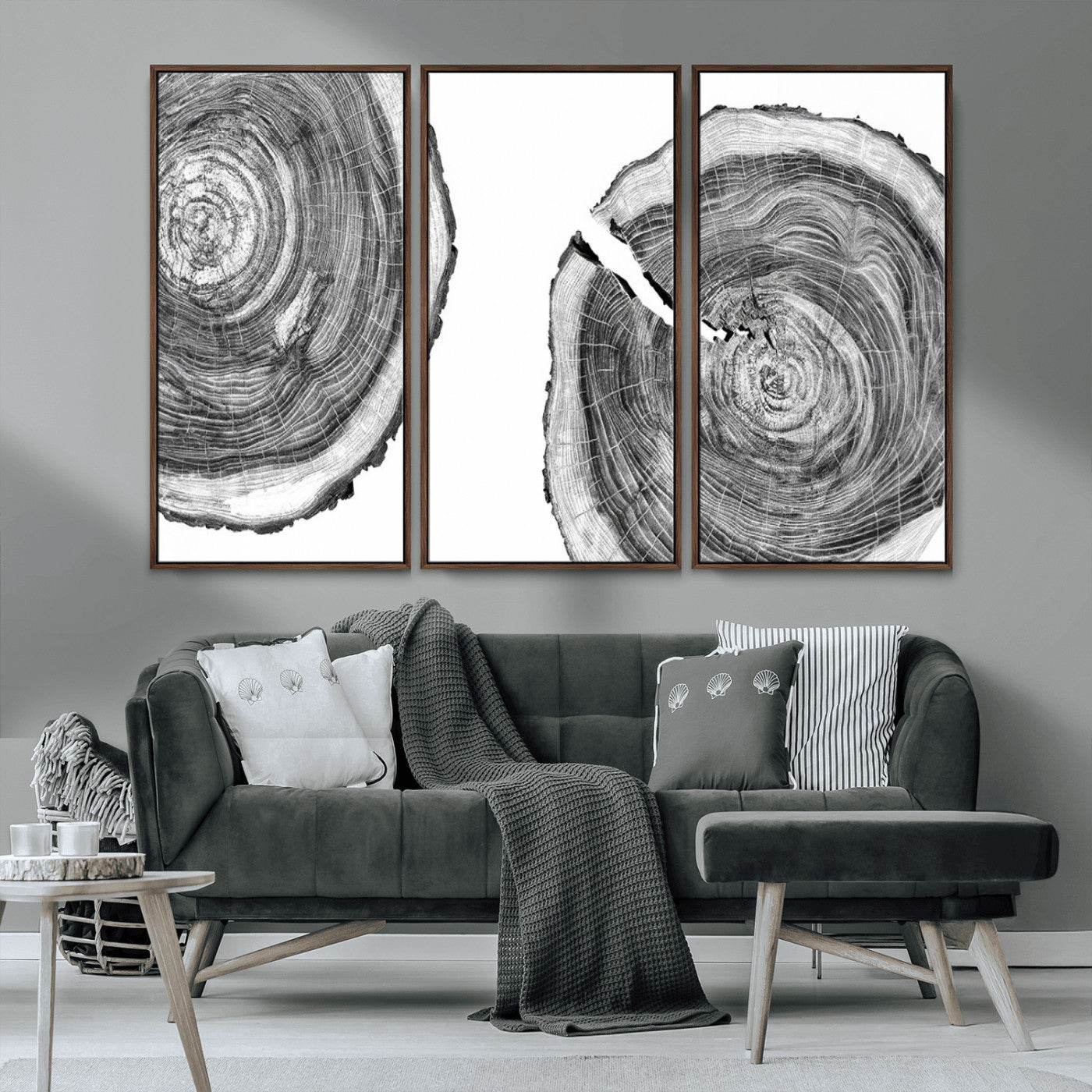 MGV-FC-48X32-3P - Modern Black and White Tree Rings Canvas Wall Art – Nature Inspired Wood Slice Print – Minimalist