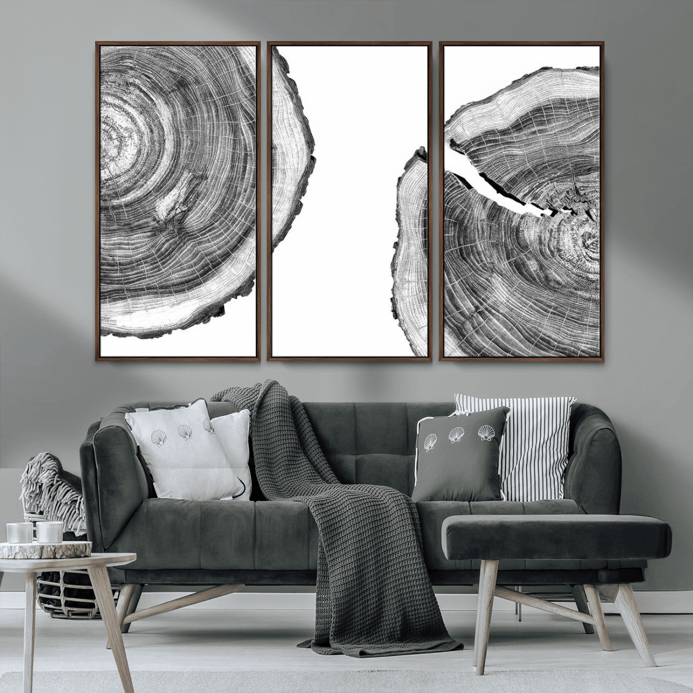 MGV-FC-48X32-3P - Abstract Large Tree Rings – Minimalist Black and White Wood Art | Triptych Canvas, Modern Wall Decor