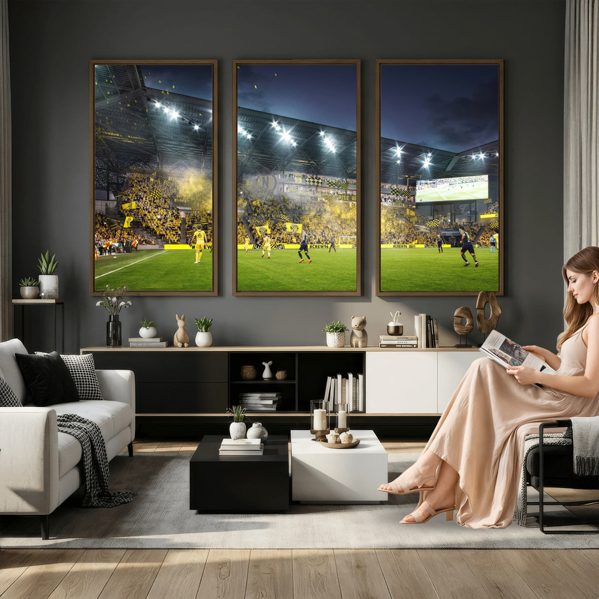 65820-MGV-CV-36X24 - Columbus Crew Stadium Match Triple Canvas Wall Art - Dynamic MLS Game Scene Canvas Wall Art
