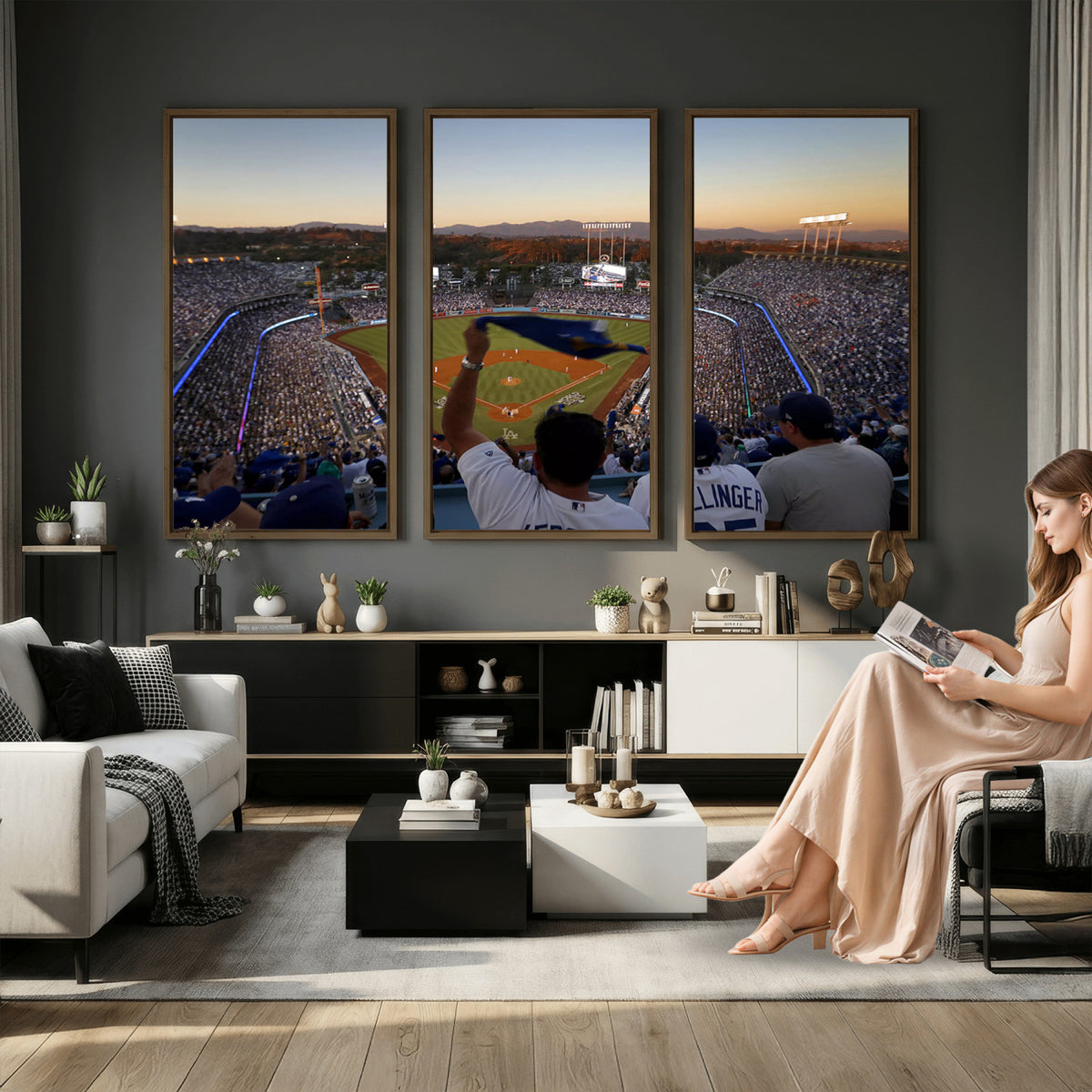 60162-MGV-CV-36X24 - Dodger Stadium Sunset Game Triple Canvas Wall Art, Los Angeles Dodgers MLB Match