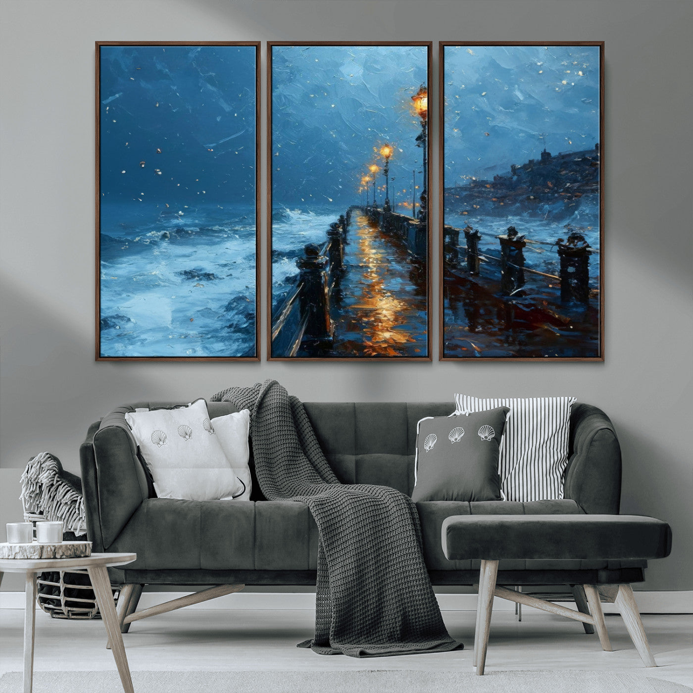 MGV-FC-48X32-3P - Stormy Night at Beach Pier Oil Painting Large Wall Art Print, Framed Canvas Nature Wall Decor,