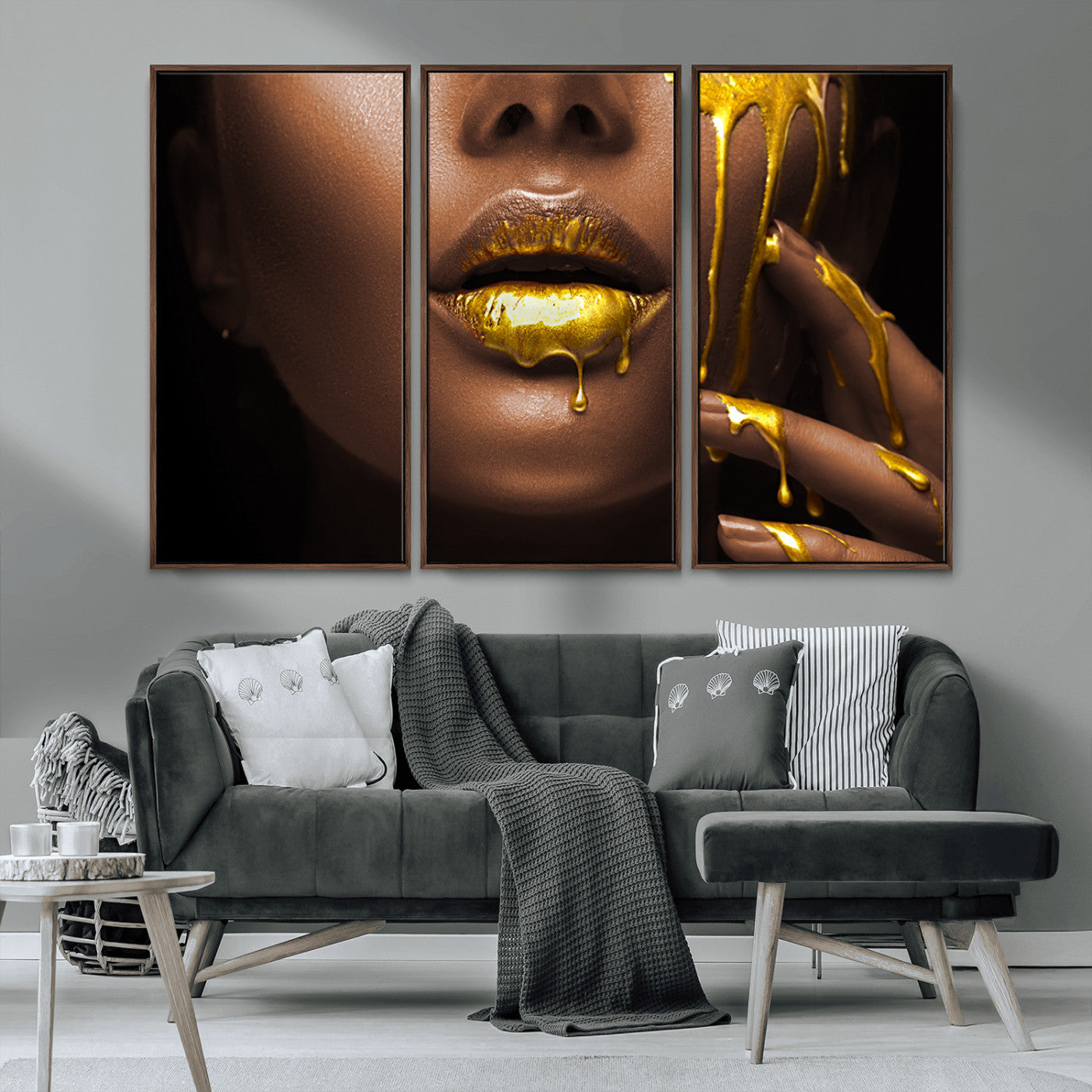 MGV-FC-48X32-3P - African American Art Black Woman Canvas Print, African Wall Art, Fashion African Woman Gold Lips
