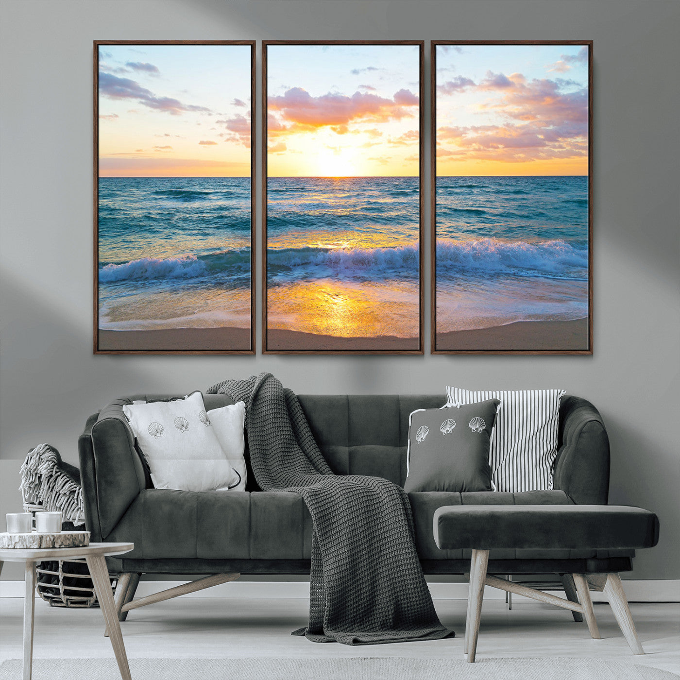 MGV-FC-48X32-3P - Golden Sunset Over Ocean Waves - Serene Coastal Triptych Wall Art for Relaxing Home Decor, Ready to