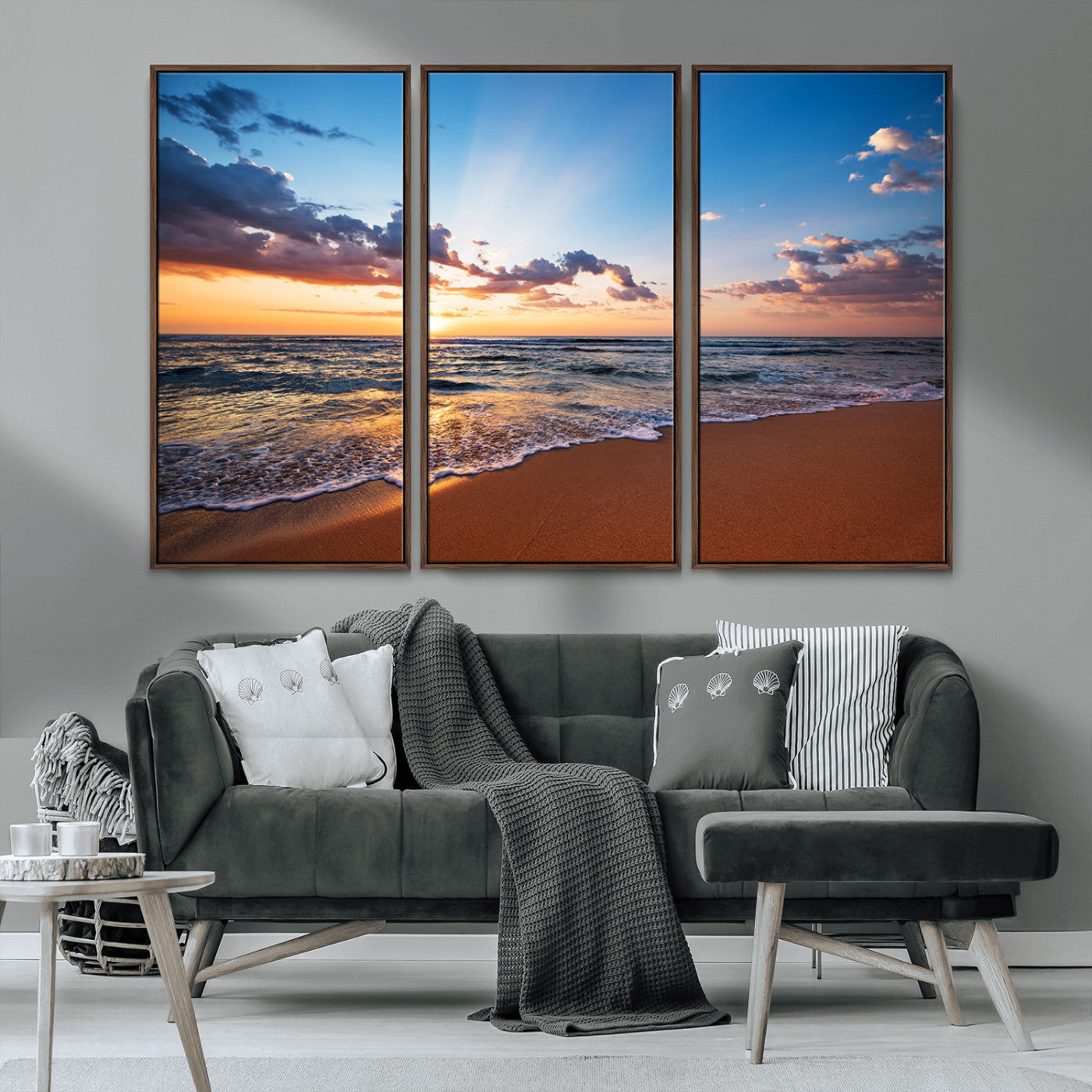 MGV-FC-48X32-3P - Golden Hour Beach Sunset Wall Art | Canvas Print | Ready to Hang | Coastal Wall Art for Living Room