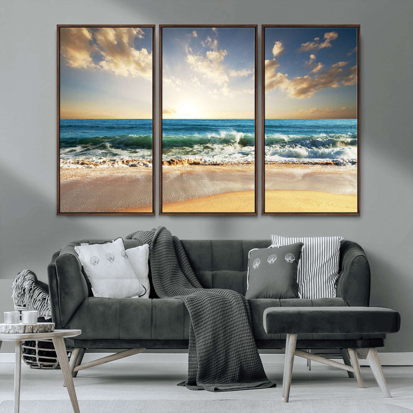 MGV-FC-48X32-3P - Golden Sunset Beach Triptych Canvas Wall Art for Living Room – 3-Panel Ocean View, Framed & Ready to
