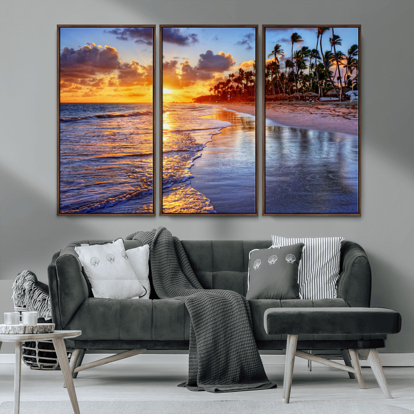 MGV-FC-48X32-3P - Serene Beach Sunset Wall Art Canvas- Coastal Seascape Print for Living Room or Bedroom, Ocean Waves