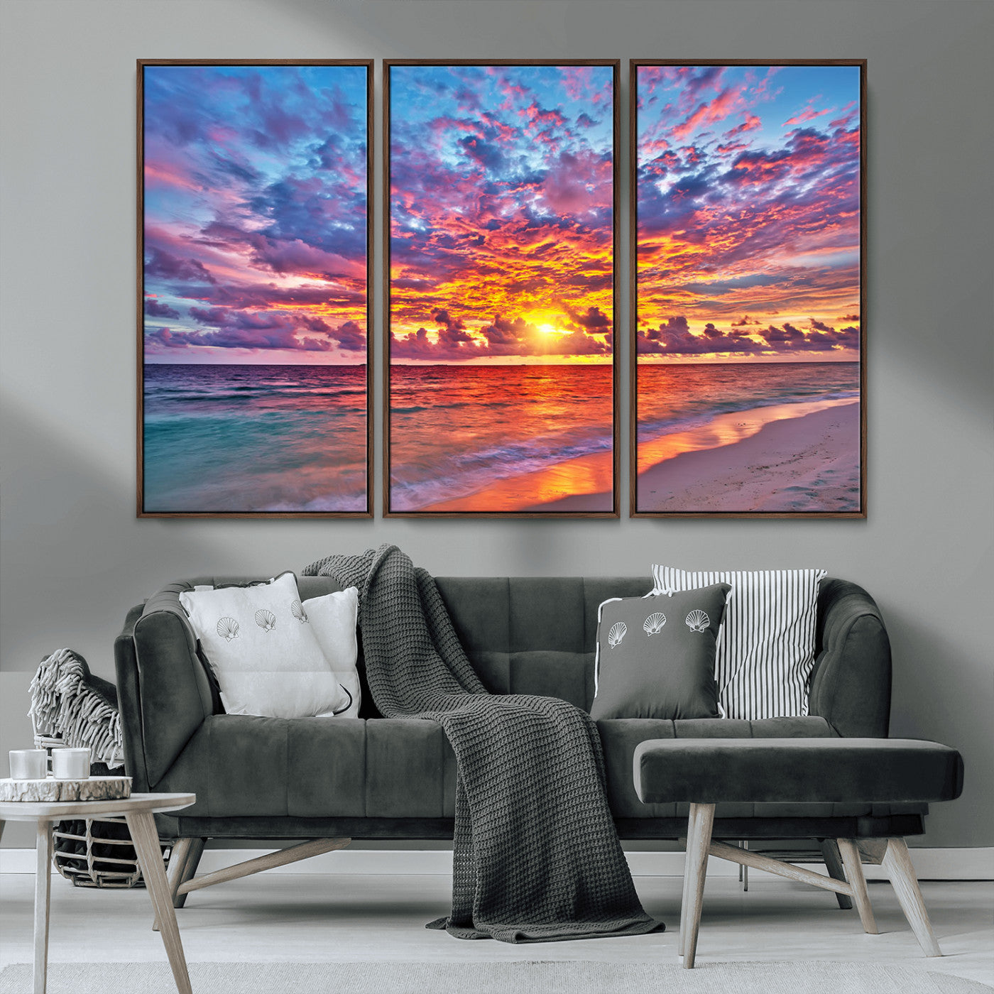 MGV-FC-48X32-3P - Vibrant Sunset Beach Wall Art - Ocean Sunset Canvas Print | Coastal Wall Art Decor Stunning Sunset