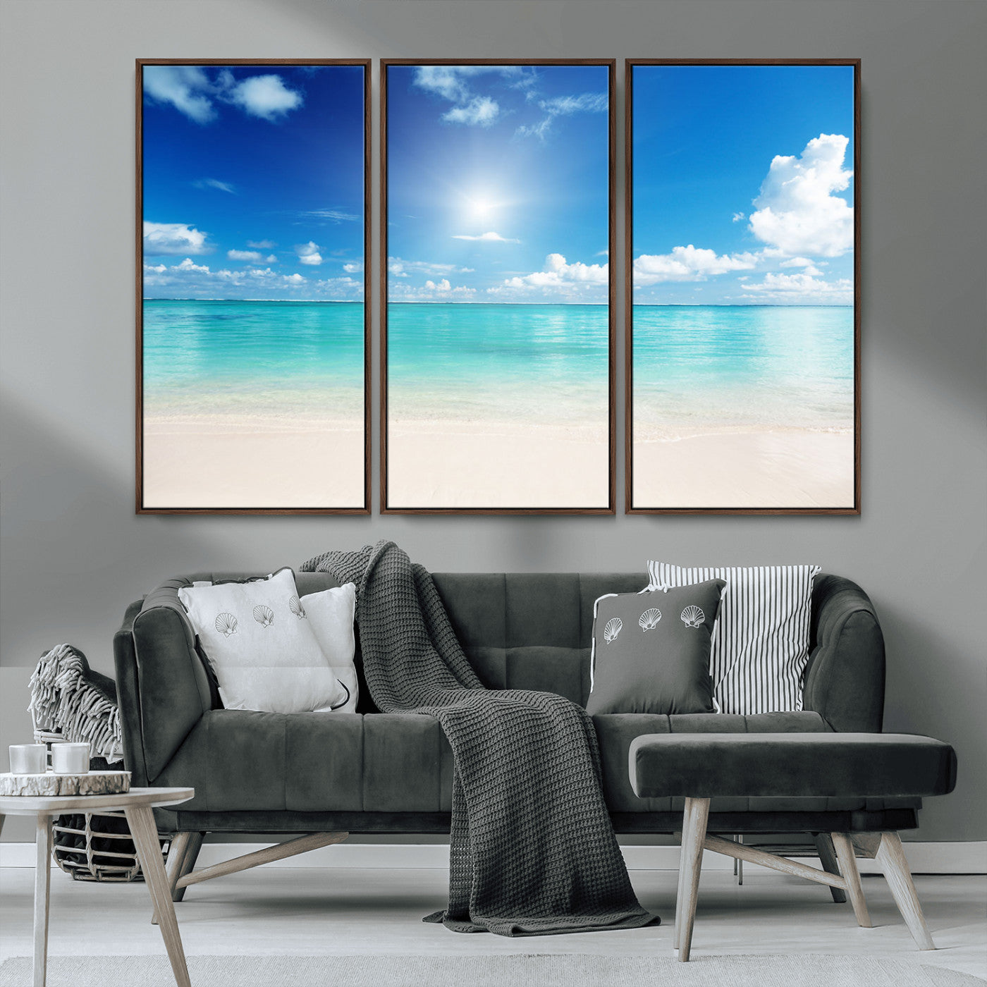 MGV-FC-48X32-3P - Blue Ocean Wall Art Canvas Print - Tranquil Ocean Paradise Triptych Wall Art - Ready to Hang Beach